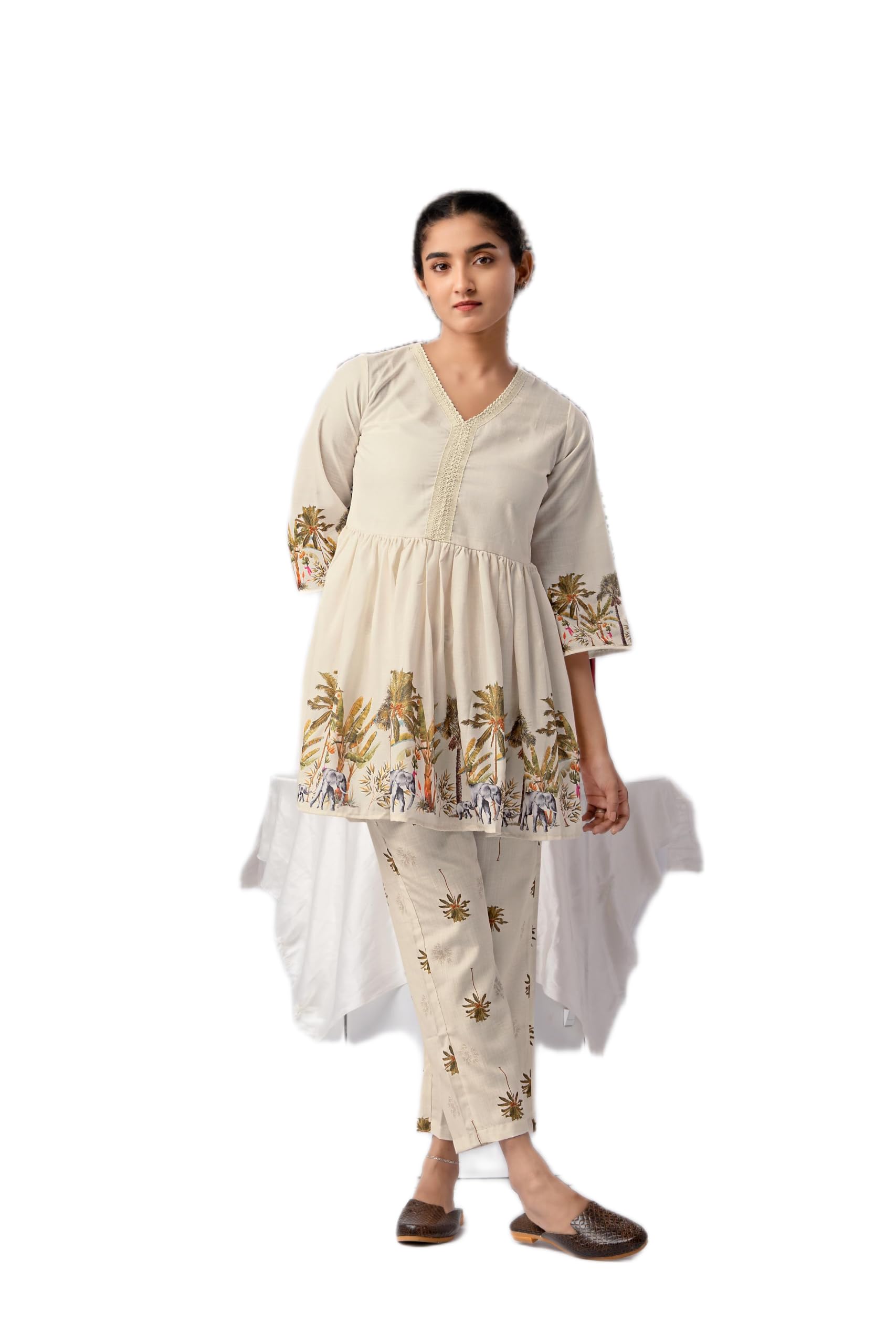 Women's Ivory Beige Printed Viscose Rayon Co-Ord Set | Elephant & Palm Tree Motif V-Neck Top with Matching Trousers-image-13
