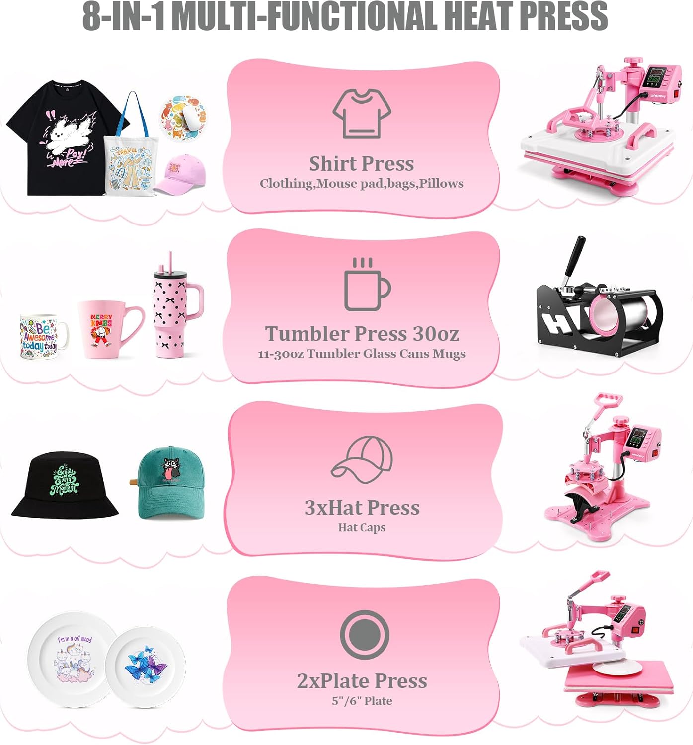 Whubefy Heat Press 12x15, 8 in 1 Heat Press Machine Swing Away Pink Press Machine with Attachments 9.9-17oz Tumbler Heat Press, Hat Press Machine, Fast and Even Heating Sublimation Shirt Press Machine