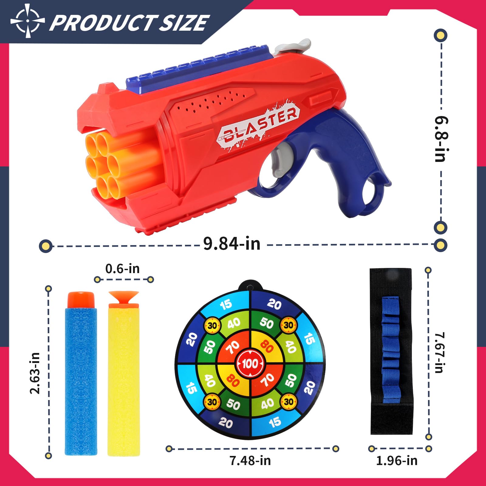 2 Pack 6 Rotating Drum Fit for Nerf Guns Darts Toy Gun, Kids Blaster Toy Pistol with 80 Soft Foam Darts, Gun Toys for Boys, Teens Ages 6+ (Red and Blue)