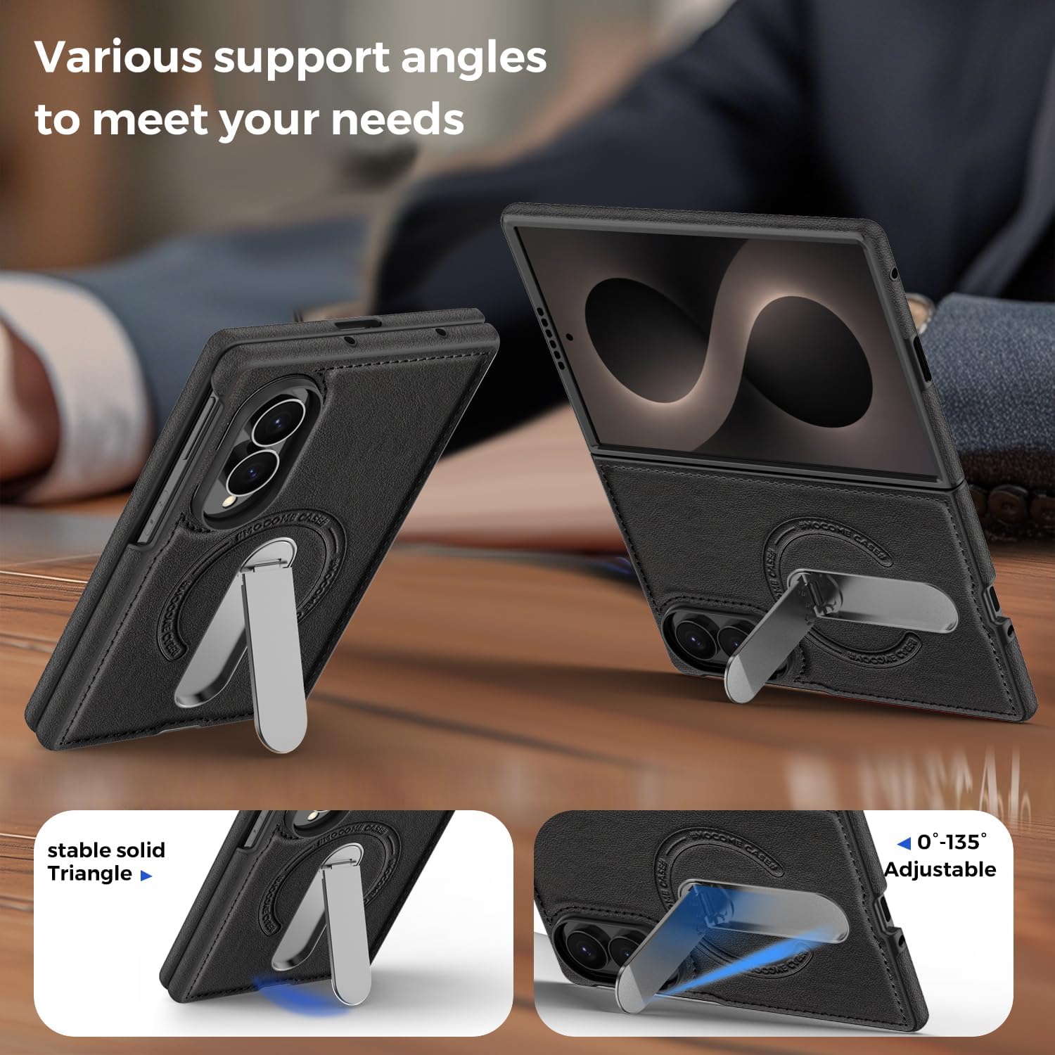 Dteck for Galaxy Z Fold 8 2026 Magnetic Case, Built-in Magnet, Compatible with MagSafe Accessories, Support Wireless Charging, Rotatable Kickstand, Slim Lightweight PU Leather Protective Cover, Black image 4