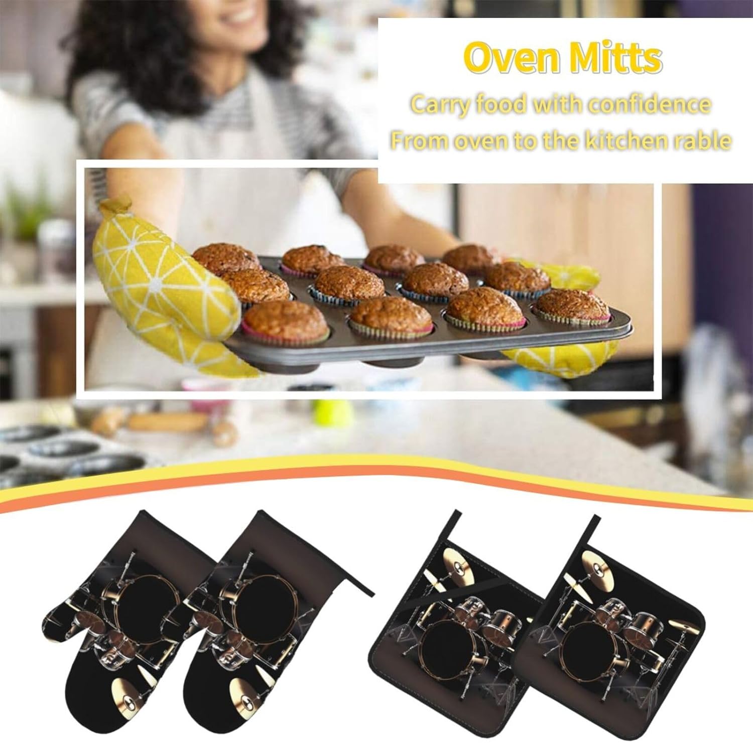 Cool Drum Set Oven Mitts and Pot Holders Sets of 4 Heat Resistant Kitchen Oven Mitts with Hot Pads Non-Slip Oven Gloves Washable Potholders for Cooking BBQ Baking Grilling