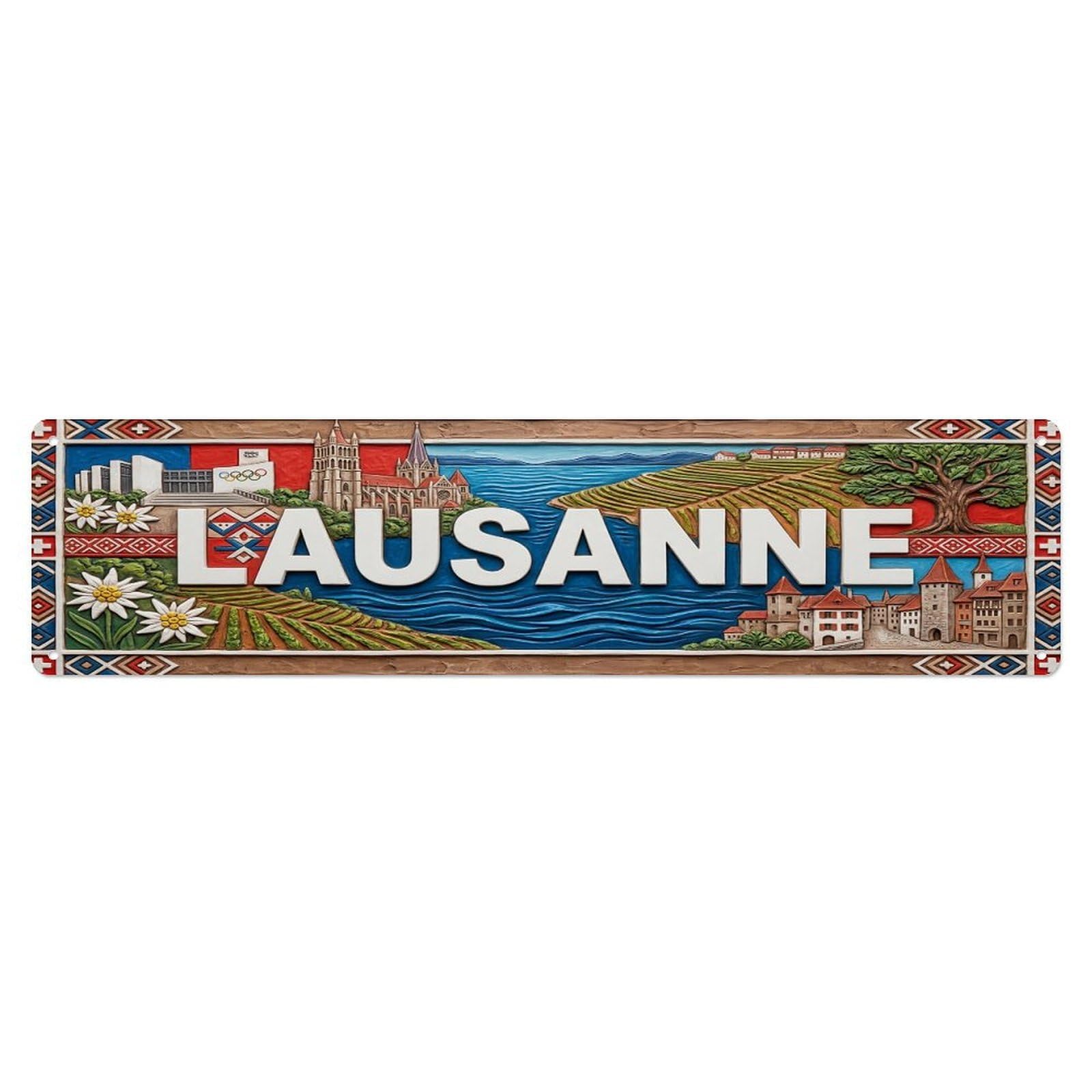Gead 4X16inch Style Vintage Lausanne Switzerland Flag Pattern Metal Tin Sign