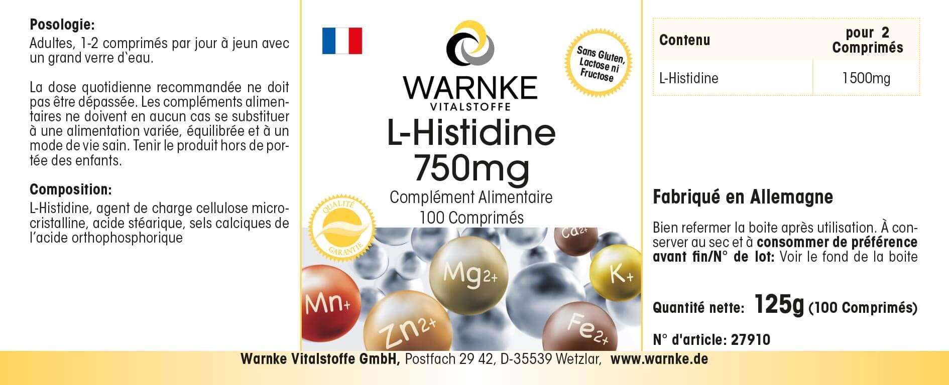 L-Histidin 750mg - hochdosiert & vegan - Aminosäure - 100 Tabletten | Warnke Vitalstoffe - Deutsche Apothekenqualität (Packung mit 2)