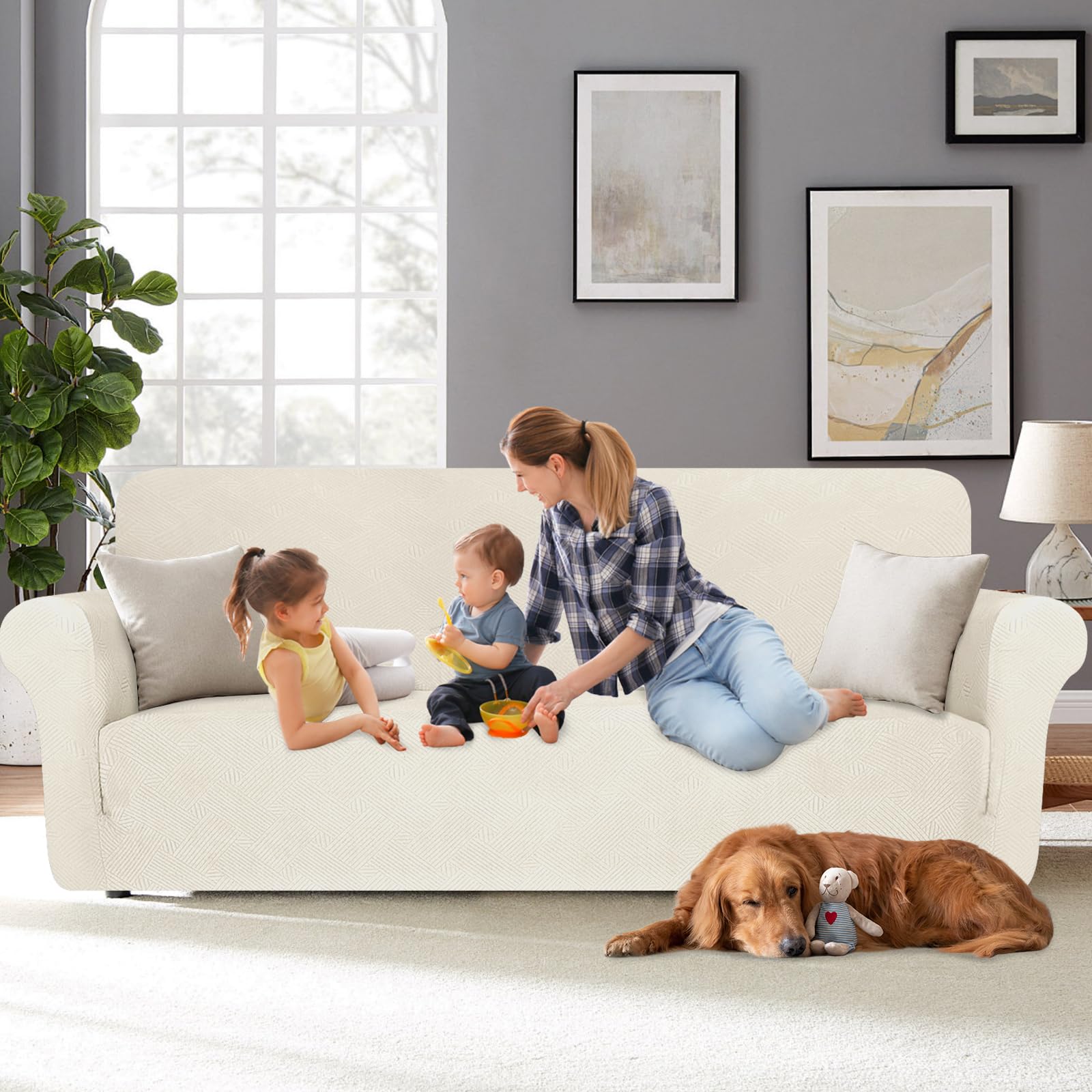YSTELLAA Copridivano 3 Posti Con Braccioli, Copri Divano Antigraffio Gatto Cani, Copridivani Elasticizzati, Universale Fodera Divano Moderno, Sofa Cover Antiscivolo Antimacchia, Bianco Crema