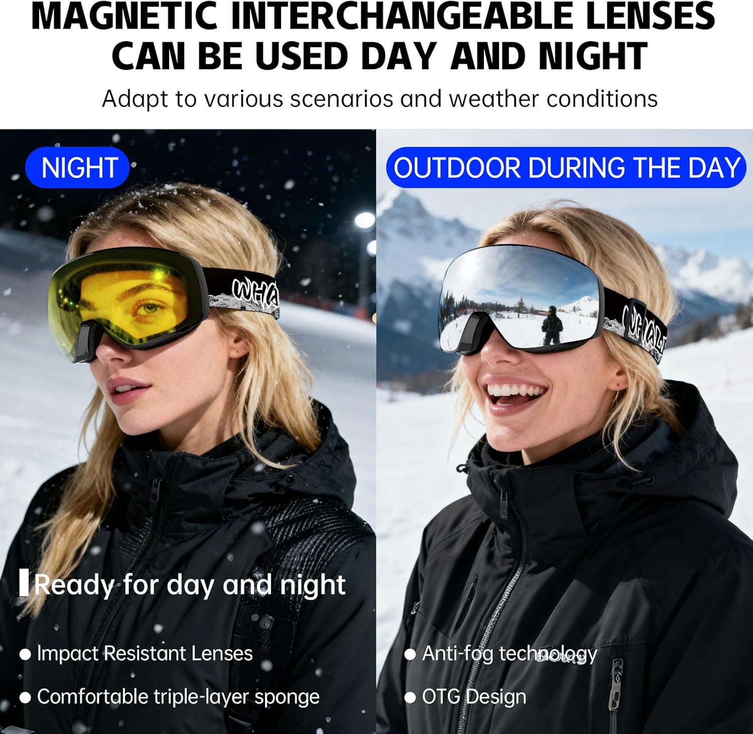 Whale Professional Ski Goggles Unisex Adult Snow Goggles Interchangeable Magnetic Replacement Lenses&Anti-Fog, Anti-UV400 - Image 2