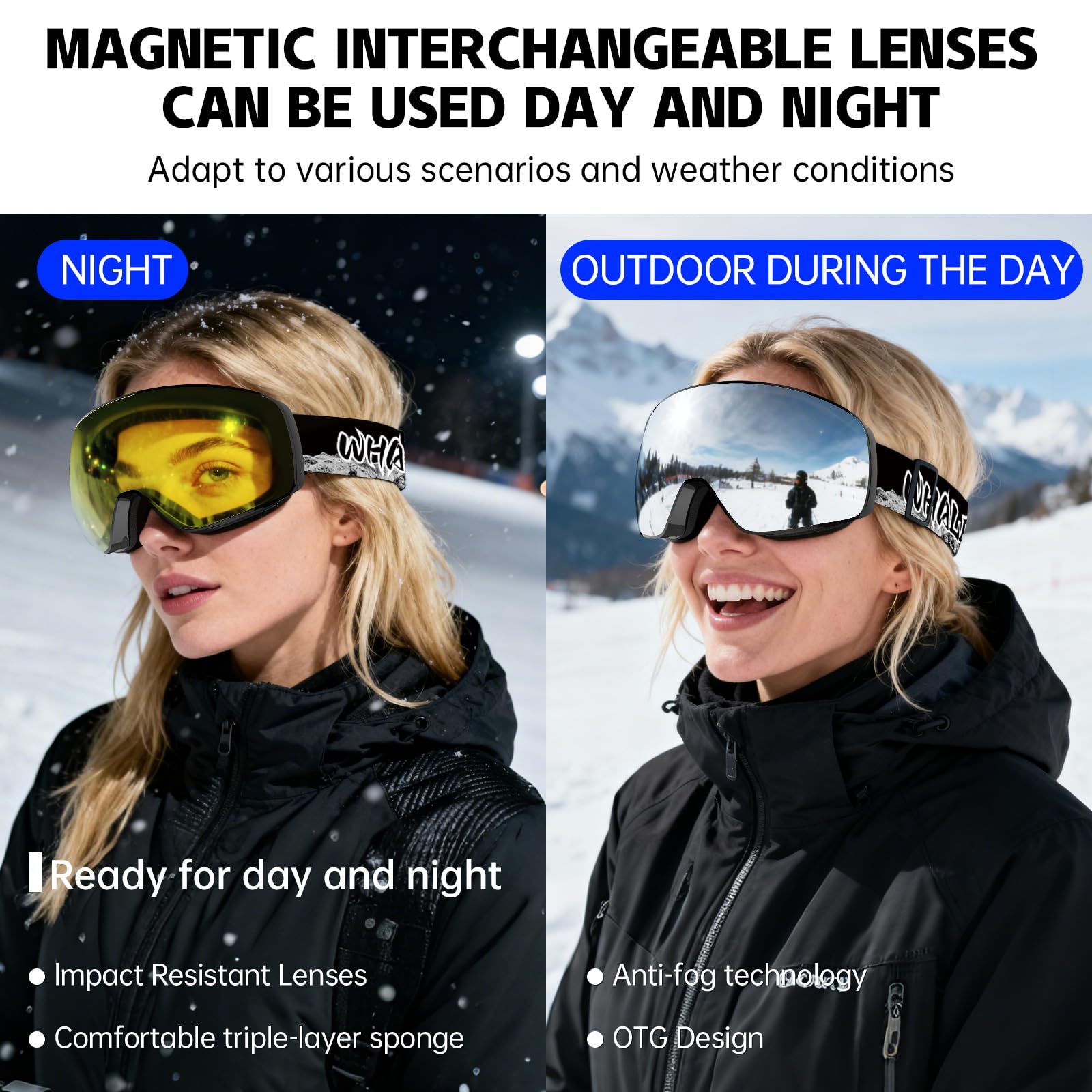 Skibrille OTG für Damen Herren Erwachsene Magnetisch Abnehmbare Wechselgläser Anti-Beschlag 100% UV400 Skibrille