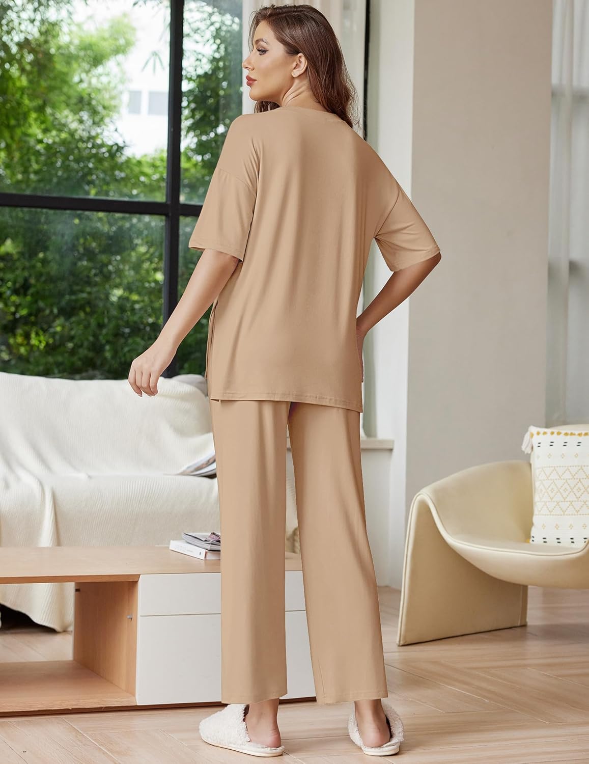 Ekouaer Lounge Sets for Women Short Sleeve Tops and Long Pants Soft Comfy Pajamas Set 2 Piece Outfits