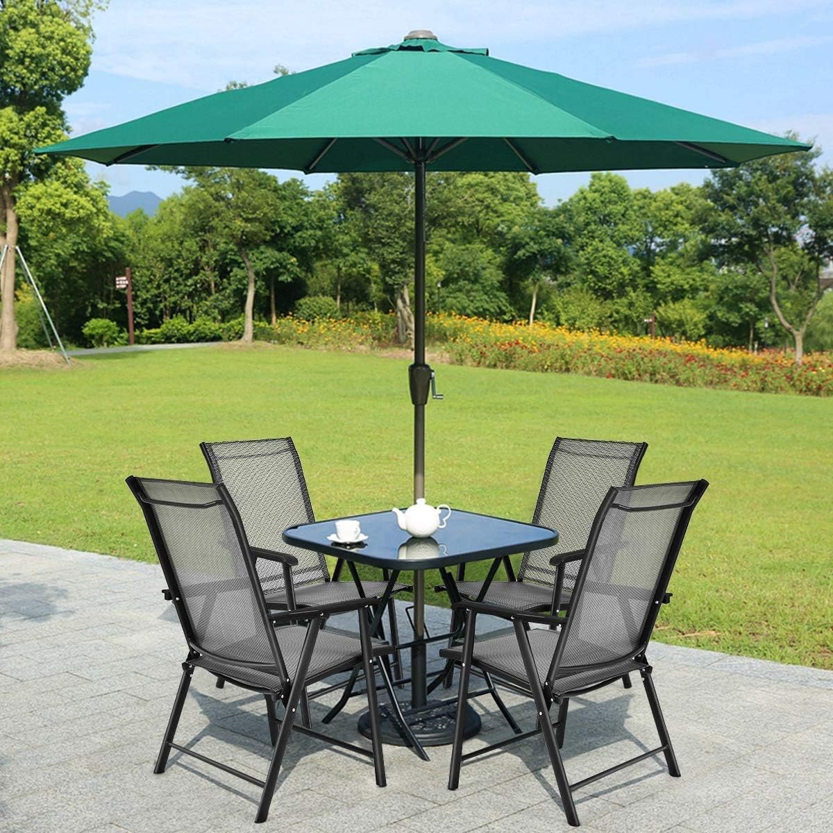 ReunionG Foldable Patio Chairs Set, Portable Indoor Outdoor and Indoor Chairs with Armrests and Footrest, Metal Frame and Breathable Chairs Set for Dining Lawn Garden Backyard Poolside (4PCS)