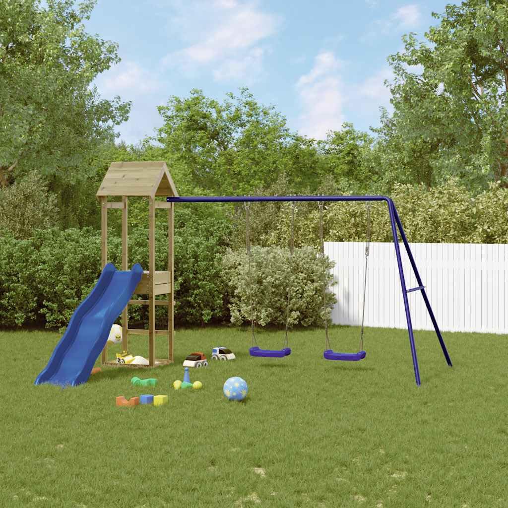 Torre da gioco in legno di pino impregnato con scivolo, doppia altalena e sabbiera, struttura da arrampicata per giardino, giocattolo per bambini dai 3 anni in su