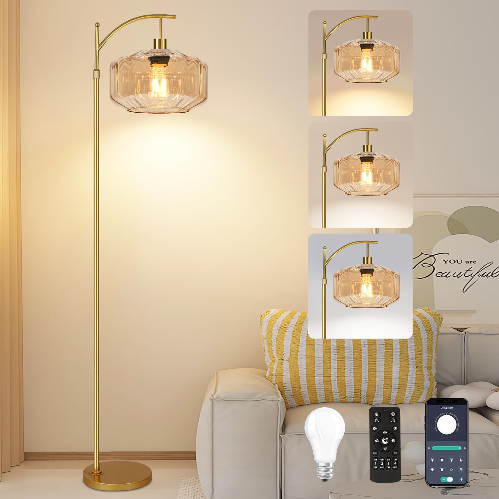Vintage Floor Lamps for Living Room Glass Floor Lamp with Remote Control,Dimmable Floor Lamp Gold Mid Century Modern Standing Lamp 3 Color Temperature Brass Tall Floor Lamps for Bedroom Corner