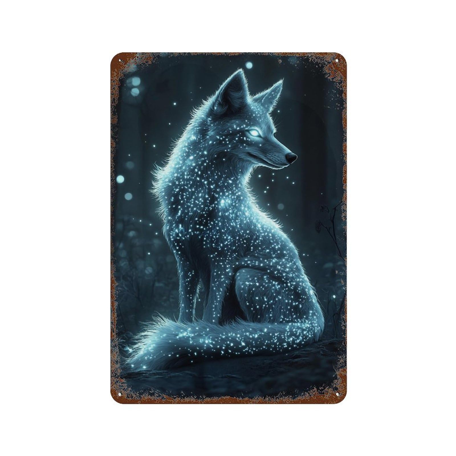 Vintage Rust Metal Sign Enchanted Glowing Wolf in Forest 11.8"x7.9", Old School Wall Decor for Garage, Bar And Workshop Decor