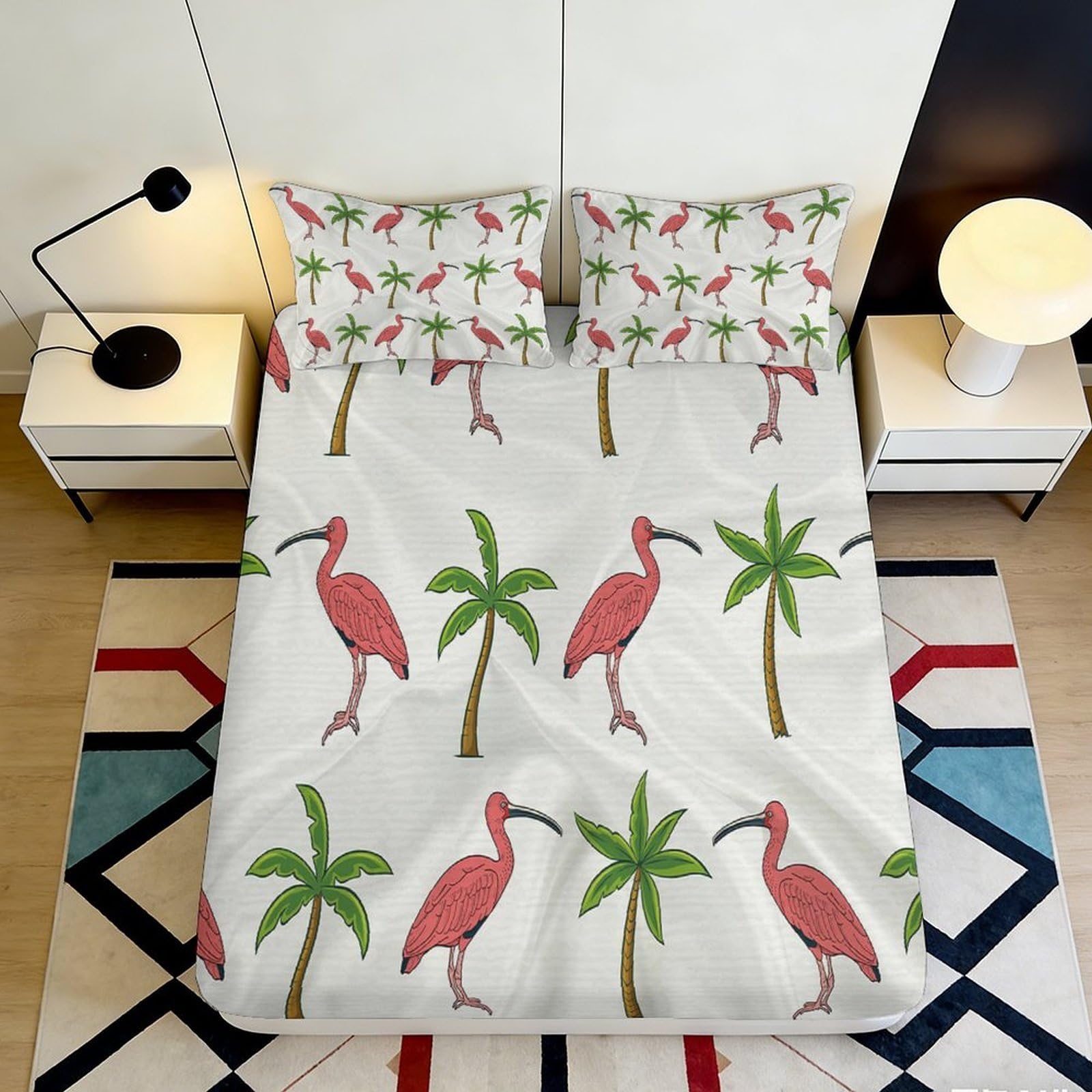 3D Printed Tropical Flamingo Palm Fitted Sheet Microfiber Non-Slip Deep Pocket Palm Mattress Fitted Cover Bedroom Bedding 140x200x25cm