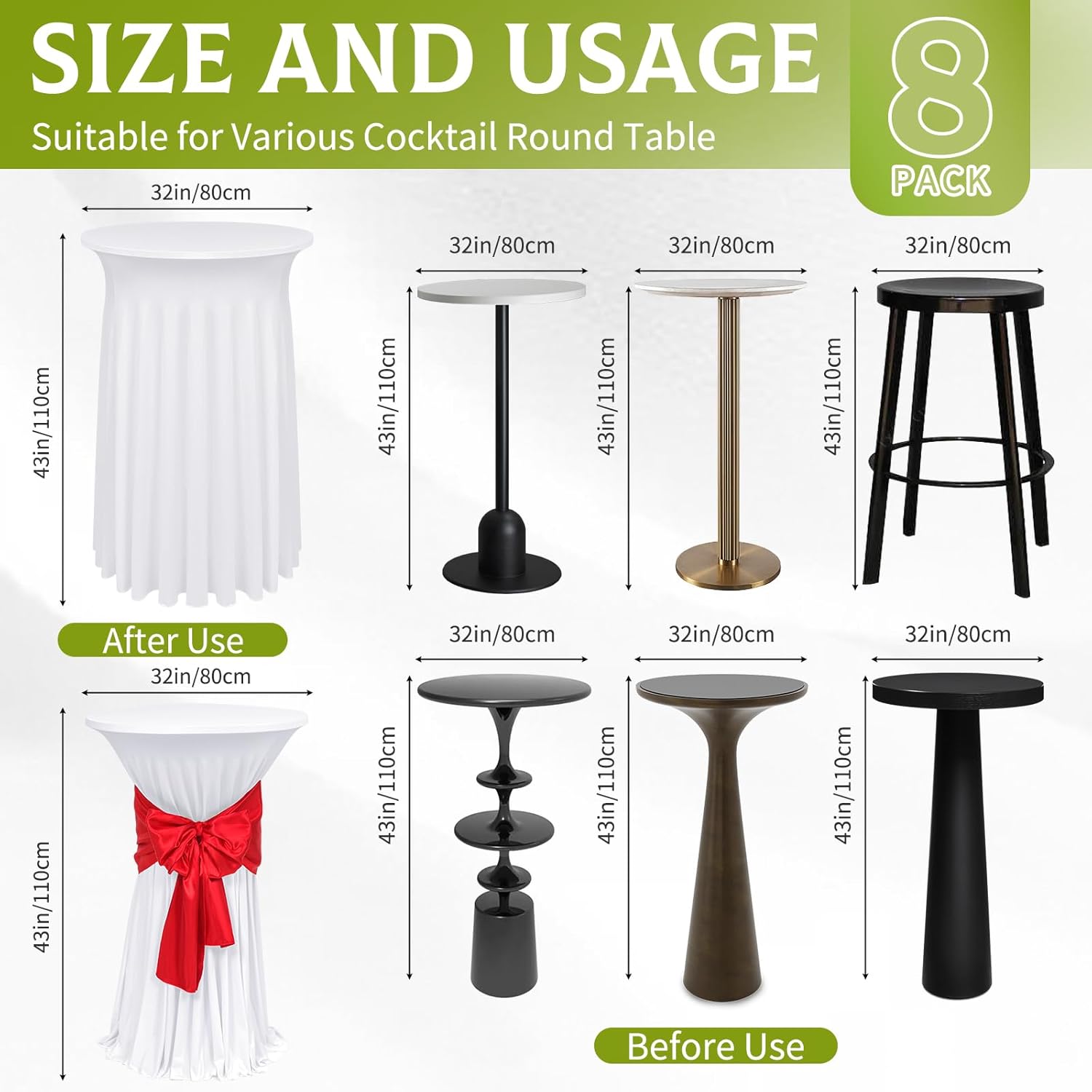 8 Pack Round Cocktail Table Skirt 32"x 43" White Spandex Fabric Tablecloth with Wavy Drapes Stretch Washable Cocktail Table Skirt Fitted High Top Table Covers for Wedding Birthday Party Banquet