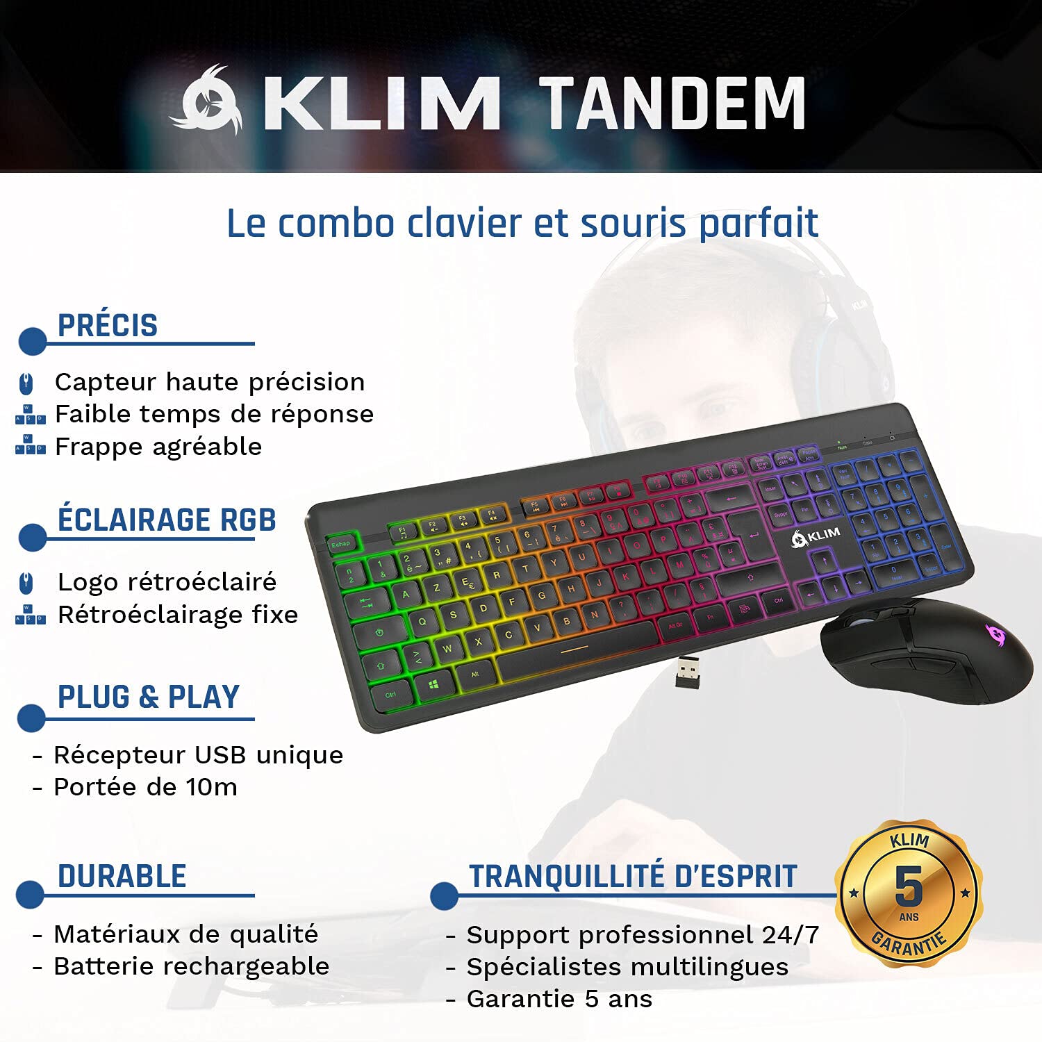 KLIM Tandem - Kit Teclado y Ratón Inalámbrico FRENCH LAYOUT + Teclado y ratón gaming Ligero, Duradero, Ergonómico + Batería de larga duración + Retroiluminado para PC Mac PS4 Xbox One + Nuevo 2023