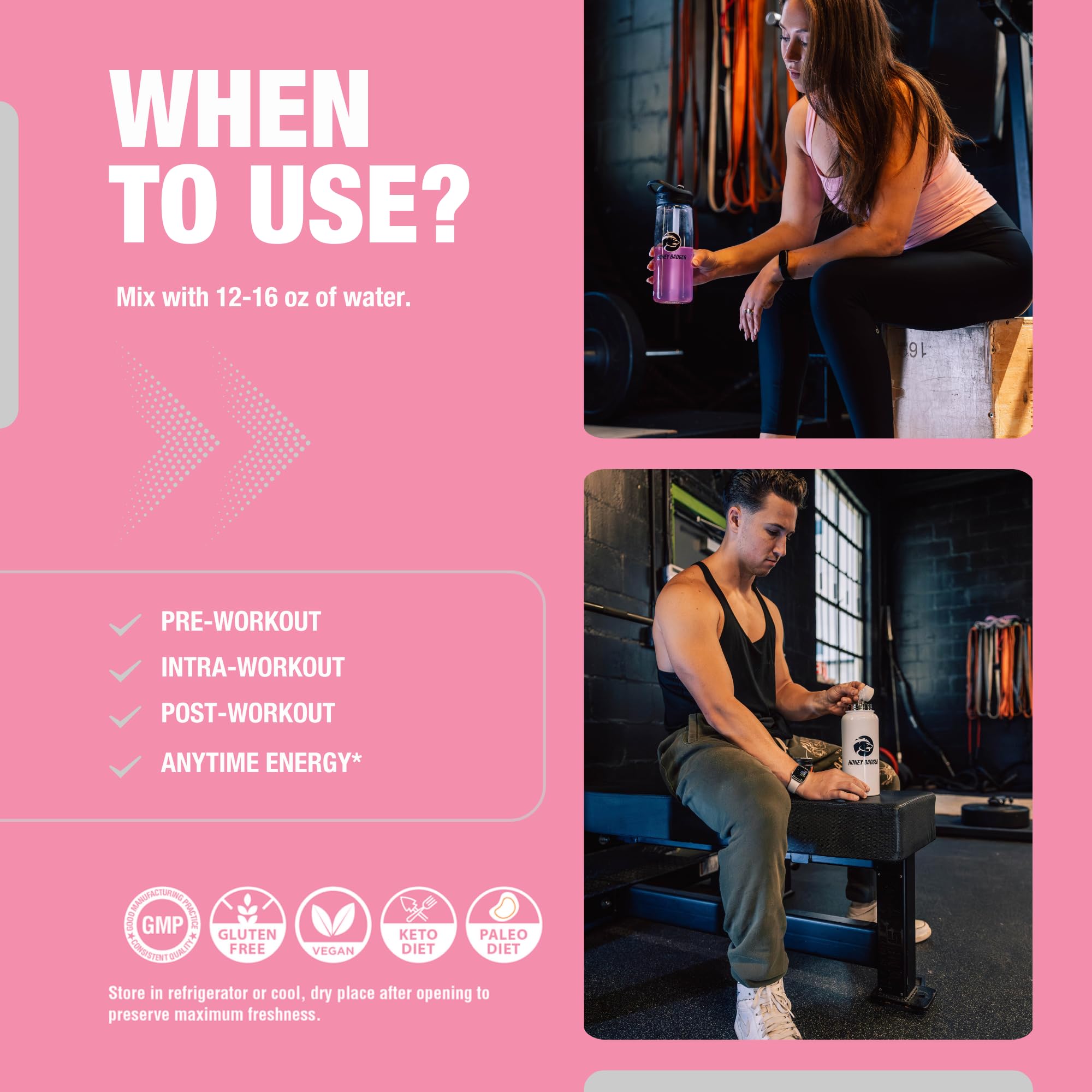 Honey Badger Pre Workout Powder, Keto Vegan Preworkout for Men & Women, Beta Alanine & Caffeine, Sugar Free Natural Energy Supplement, Pink Lemonade, 30 Servings — Amazon image 4