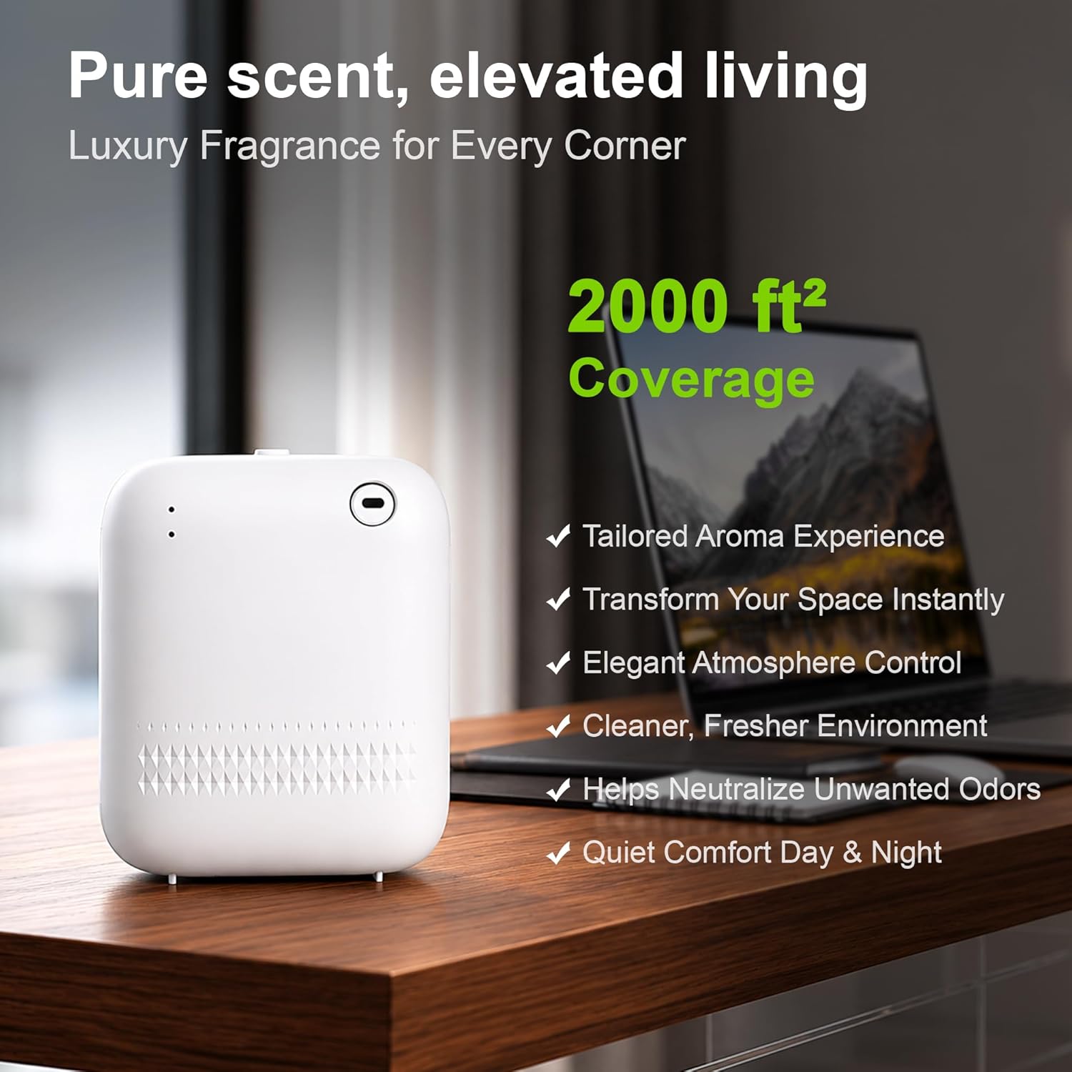 Waterless Diffuser,2000 Sq Ft,USB Plug-in&Battery,Safety Lock,Quiet,Bluetooth App,Hotel Home Collection Scent Machine,Includes 2 x 60ml (2 oz) Fragrance Oils - White
