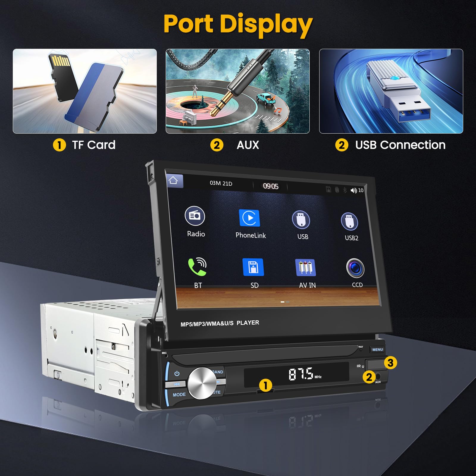 Display Portatile 7 Pollici Per Auto Con CarPlay E Android Auto Wireless, Telecamera Posteriore 720P, Supporto Bluetooth, Airplay, Mirror Link, Comandi Vocali Siri/Google, GPS, FM, AUX