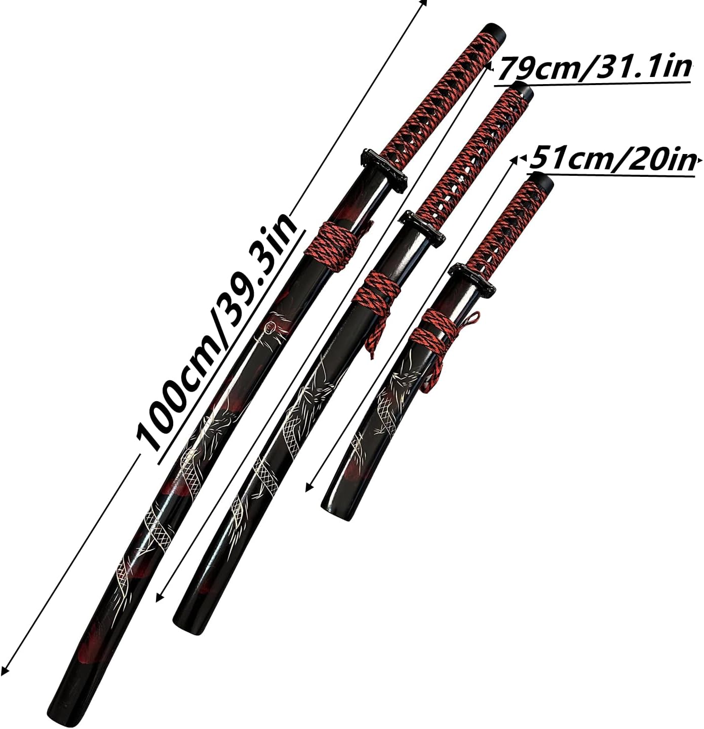 Decorative Samurai Sword Set, 3-Piece Collection with Stand, Black Scabbards, Red Wrapped Handles