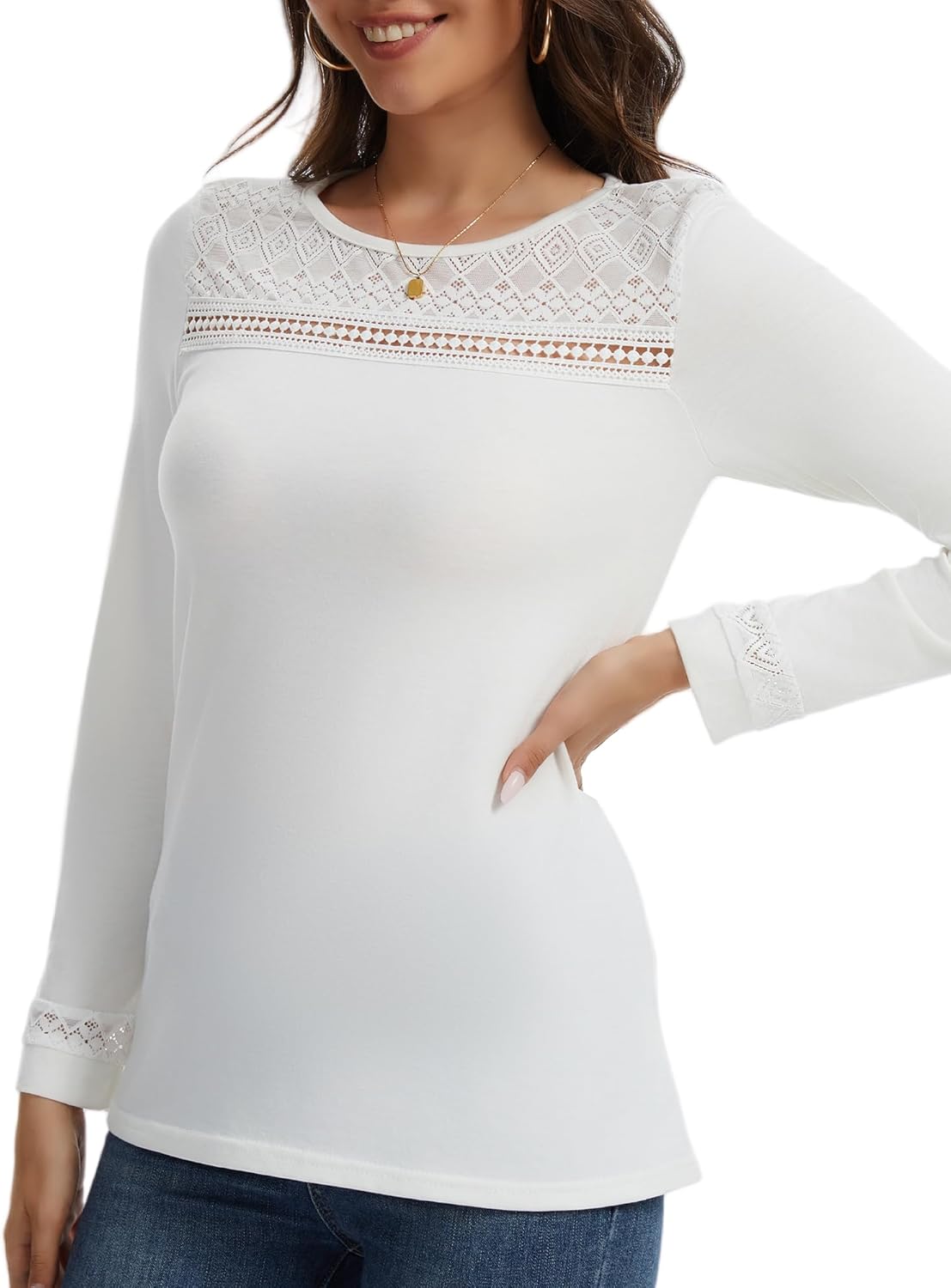 Long Sleeve Shirts for Women Business Casual Tunic Lace Top Dressy for Office Mesh Fall Fashion Clothes - Image 2