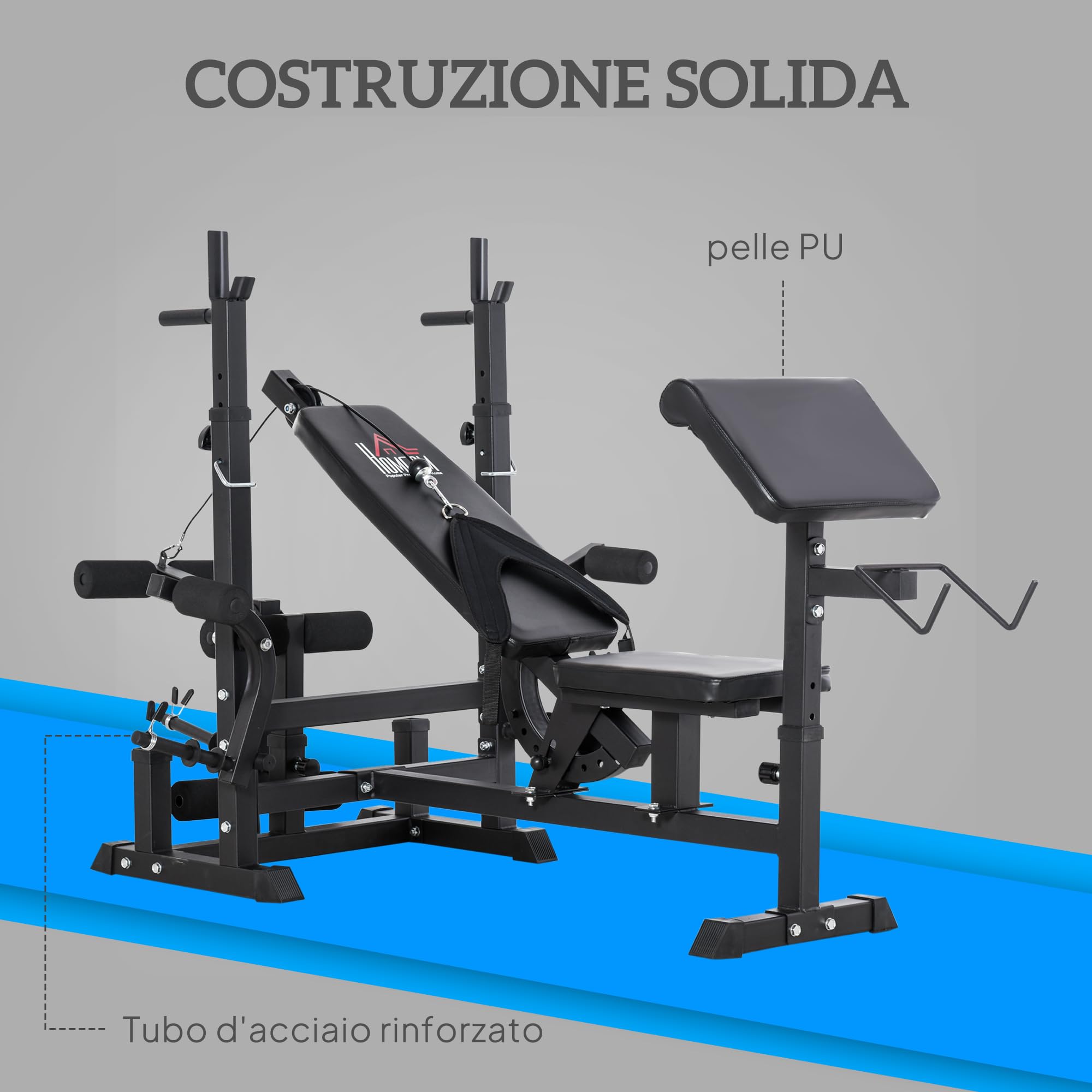 HOMCOM Panca da Palestra con Supporto per Bilanciere e Schienale Regolabile, Panca Pesi con Leg Extension e Leg Curl, Rack per Bilancieri, per Casa Palestra, Nero