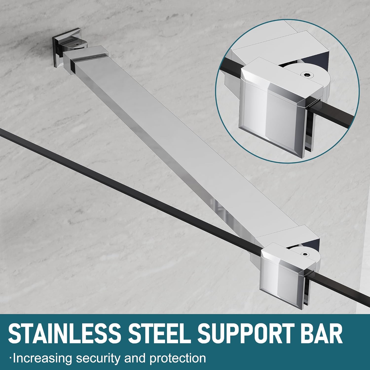 Close-up of the stainless steel support bar, increasing security and protection for the shower door.