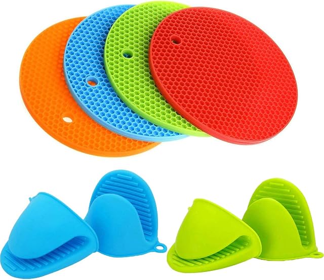 DesignerBox 8 Pack Silicone Cooking Pinch Mitts & Trivet Mats, Heat Resistant Hot Pads Mini Oven Pinch Mitts, Microwave Hand Clips Cooking Pinch Grips Insulation Mats Coasters Pot Holder Set