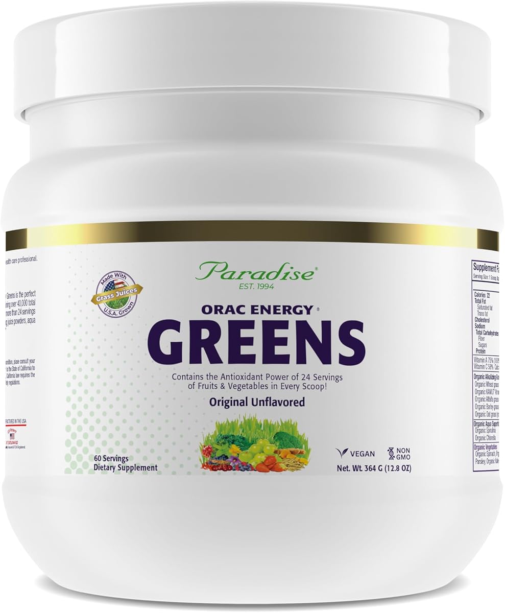 Paradise, ORAC Energy Greens Powder Extract, Super Antioxidants, Probiotics for Gut Health & Digestion, Vitamin C for Immunity, with Spirulina & Chlorella, Non-GMO, Gluten Free, 60 Servings