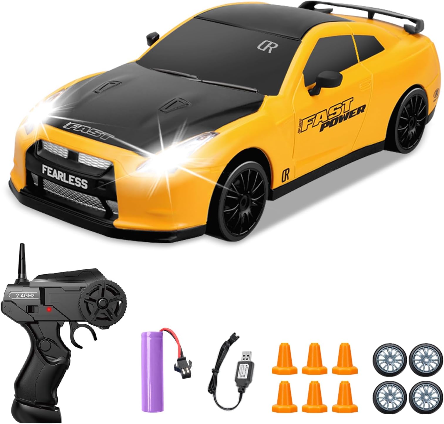RC Drift Car 1:24 Scale 4WD Remote Control Car, LED Light, Drifting Wheels, Racing Wheels, Battery, For Boys & Adults, Yellow