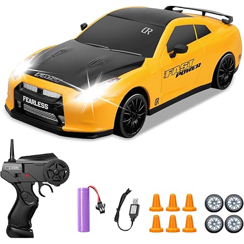 RC Drift Car 1/24 2.4GHz 4WD Remote Control Car, High Speed Drifting RC Cars with LED Lights, Rechargeable Batteries and Drift Tires Racing Toy Cars for Kids (Yellow)