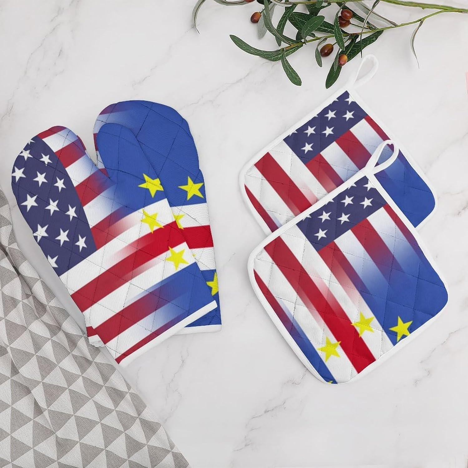 U.S.A Cape Verde Flag Oven Mitts and Pot Holders 4Pcs Set Heat Resistant Cooking Mitts Hot Pads