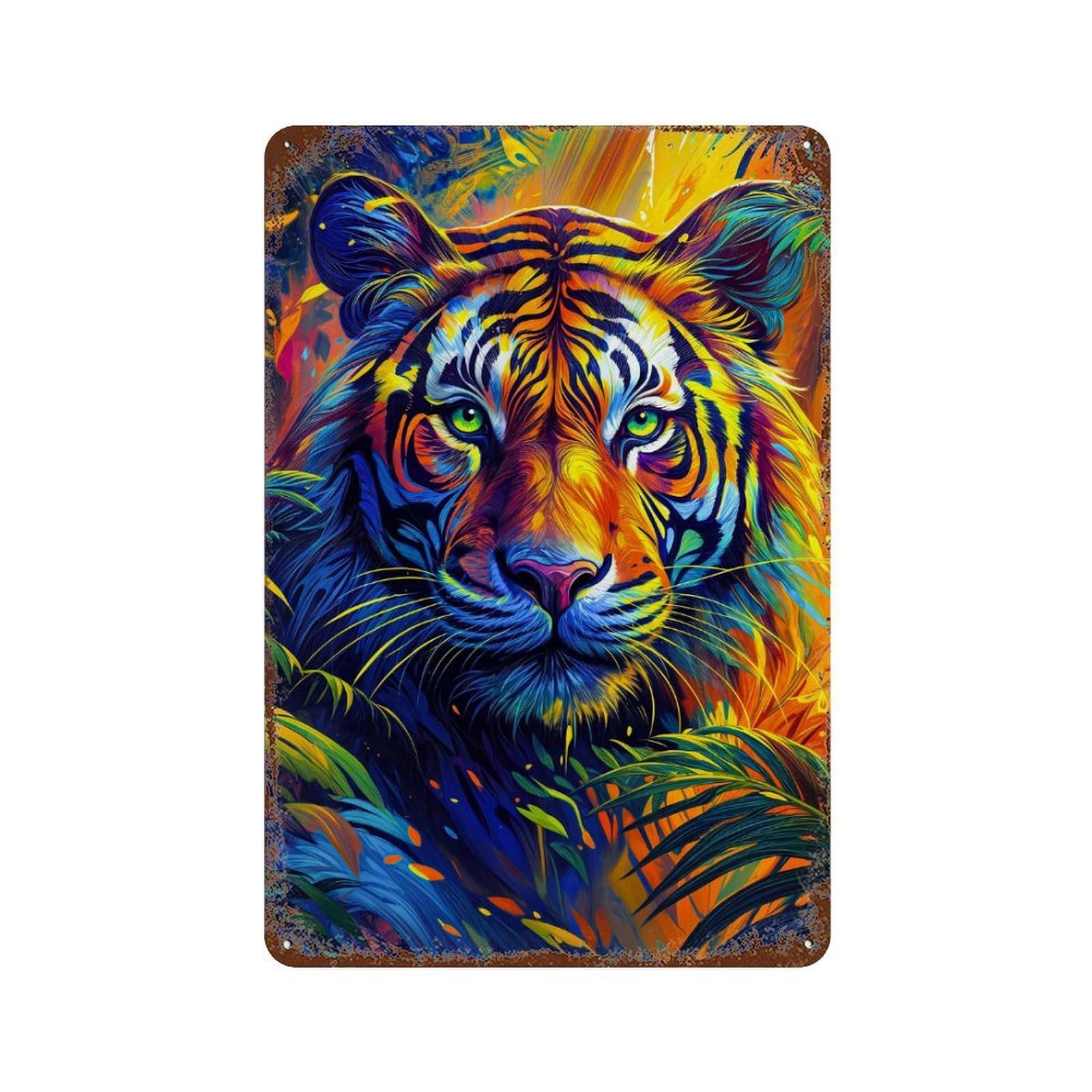 Colorful Tiger Portrait in Jungle Vintage Metal Tin Sign 11.8"x7.9", Ideal for Basement, Hobby Room And Garage Decor