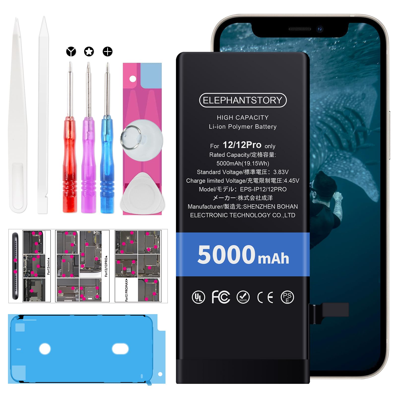 Elephantstory Akku für iPhone 12/12 Pro, 5000 mAh Hohe Kapazität Ersatzakku Lithium Polymer Akku mit Reparatur Werkzeugsatz und Anleitung Buch