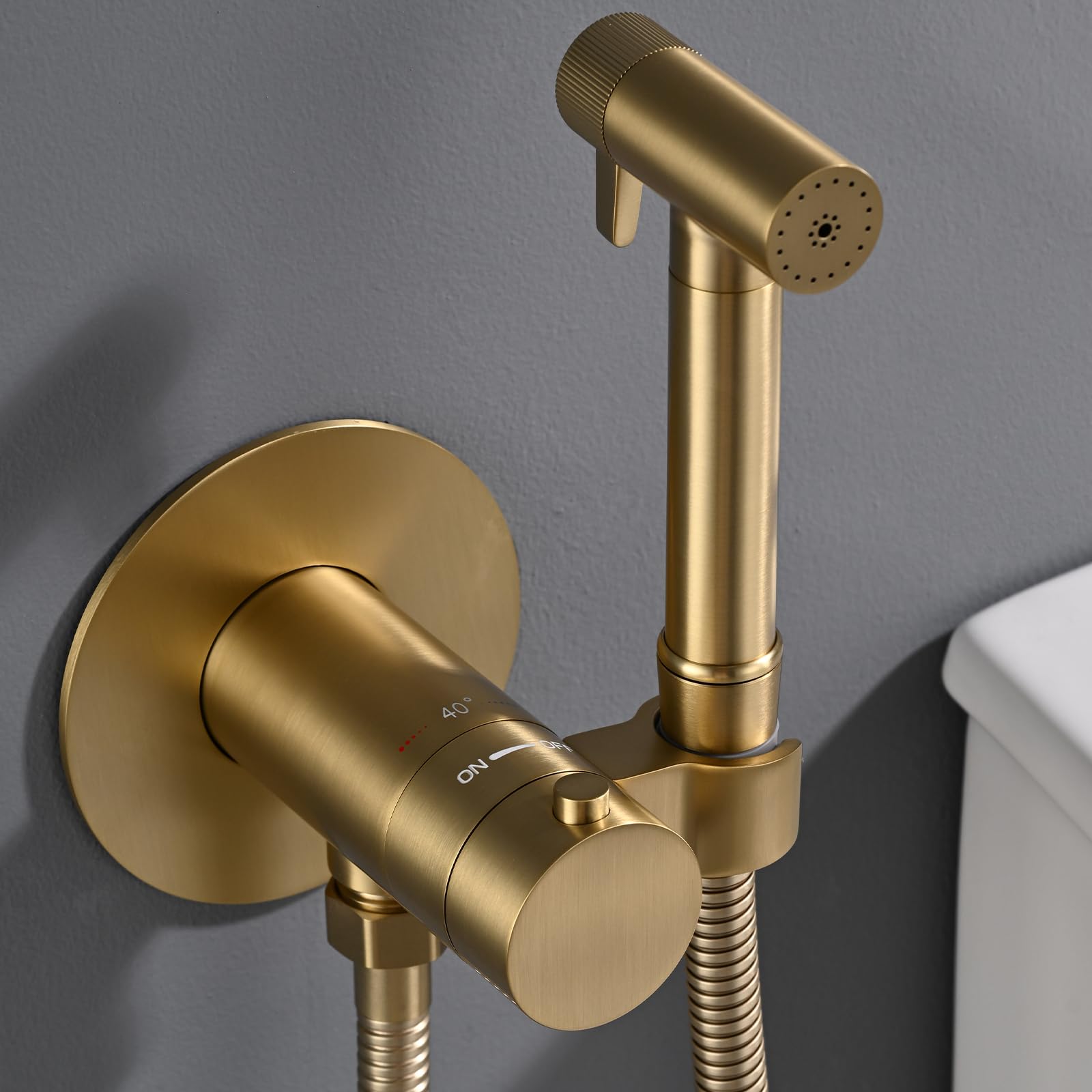 Doccetta per Bidet Termostatico, Ottone Spruzzatore per Bidet Oro Spazzolato Idroscopino per WC, con Spruzzatore a Doppia Funzione in Ottone, 1.2M Tubo Doccia