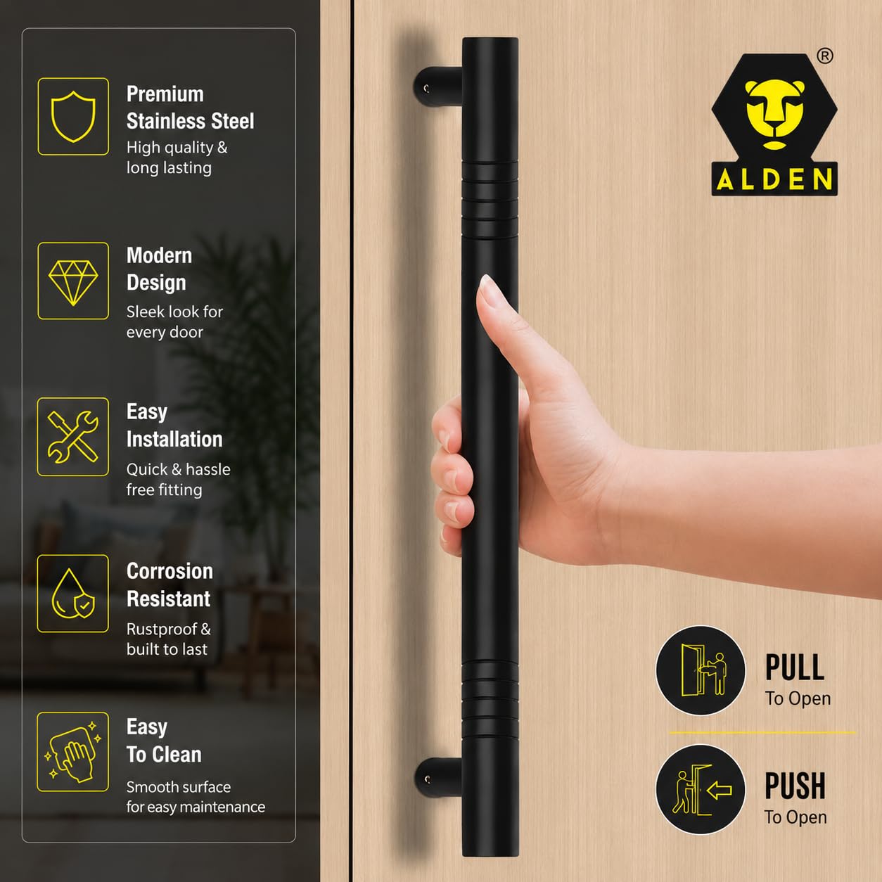 ALDEN 18 inch Main Door Handle/Handle for Glass and Wooden Door/Pull and Push Stainless Steel Door Handle (Black Matt Finish) (Pack of 1) — Amazon image 2