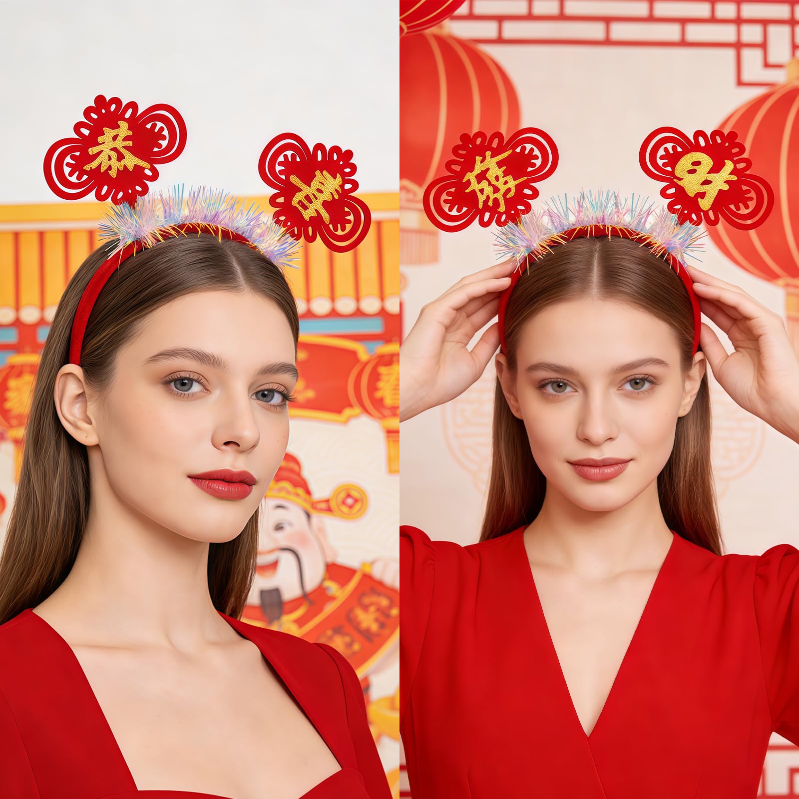 HAICN 6Pieces Chinese New Year Hair Hoops Fun Red Cute Letter Word Headband Celebrate Spring Festivities Hair Hoop for Adult Kids New Years Eve Party Favors - Image 4