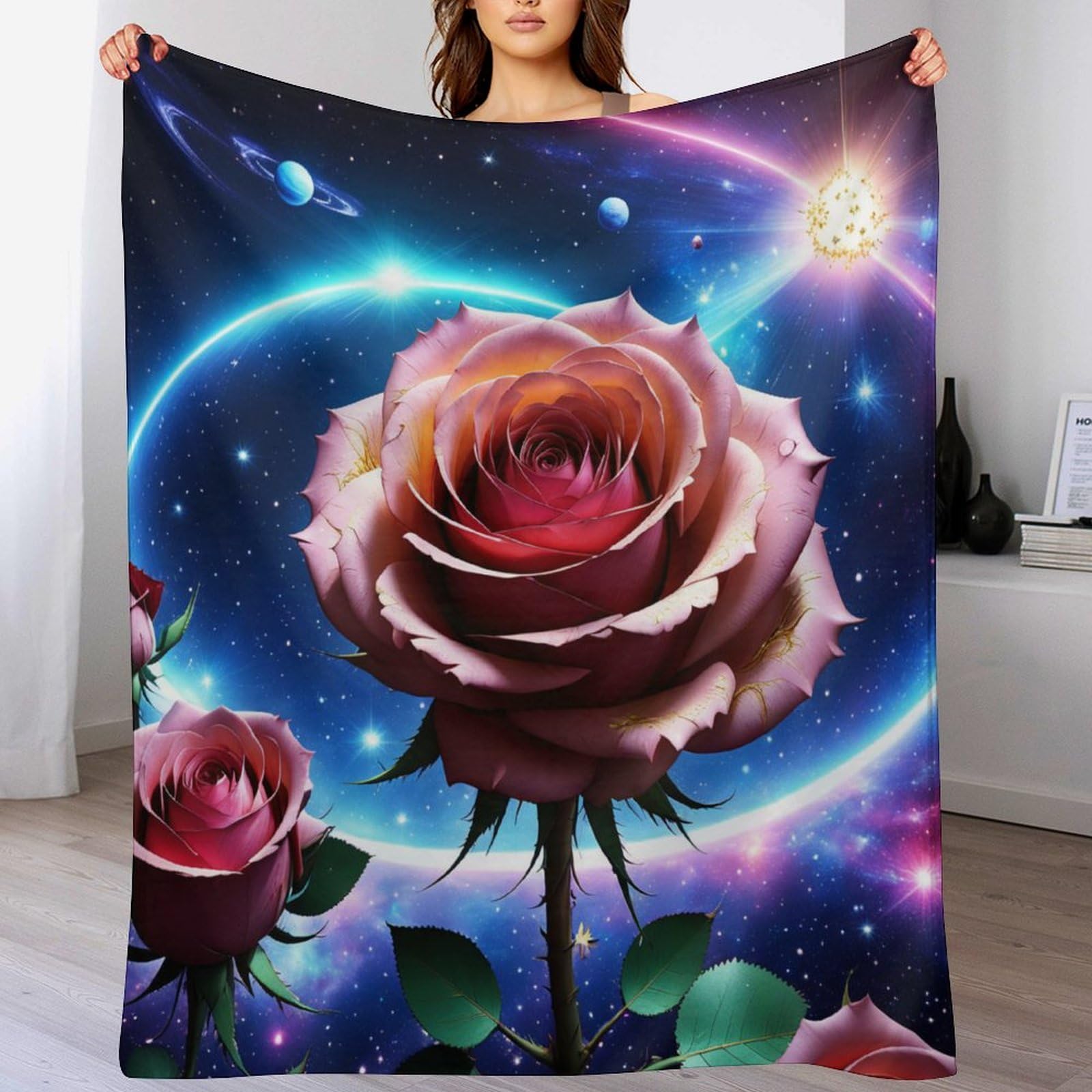 Couverture imprimée Starry Sky Rose en flannel douce pour lit et canapé de 180×200cm