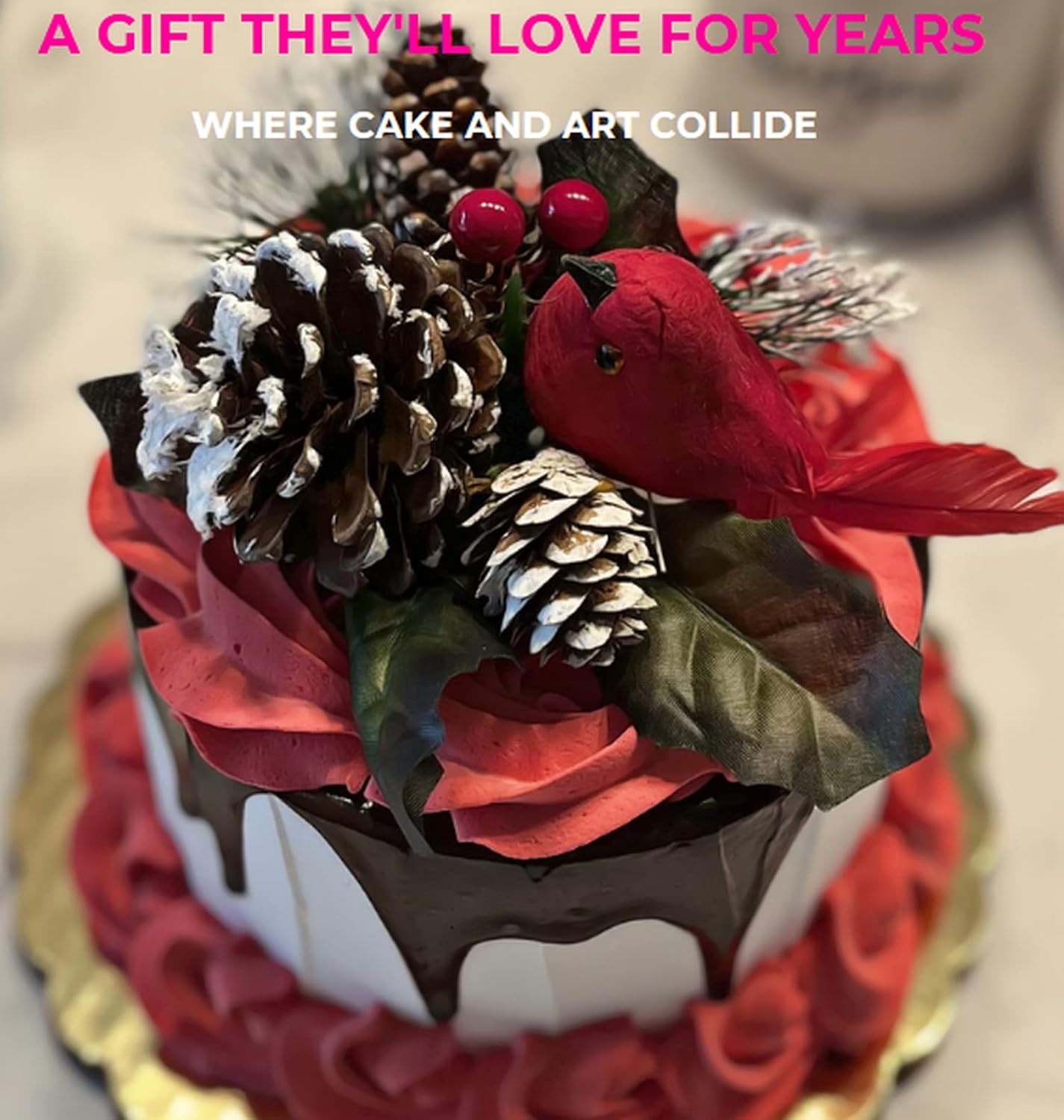 Fake Cake Christmas Red Cake w/Chocolate Drizzle Cake Handmade by Dezicakes- Fake Cake -Artificial Cake