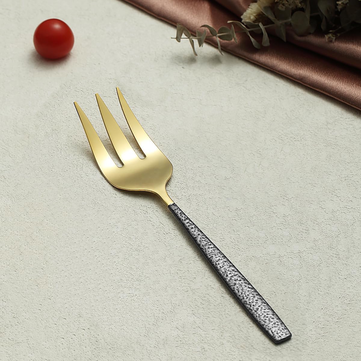 Gold Cold Meat Fork 1 Piece, With Black Mars Handle, Stainless Steel Forks Silverware Set, Kitchen or Restaurant, Meat Fork for Home