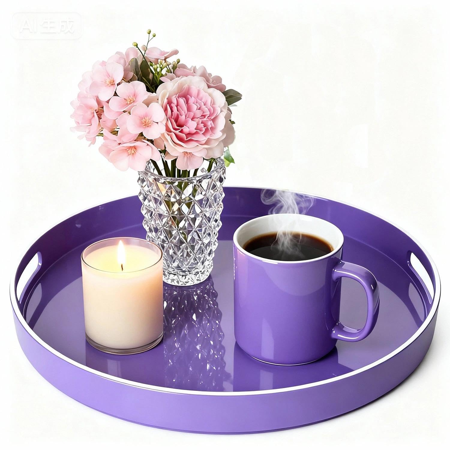 Simmer Stone Round Plastic Tray one Decorative, Round Plastic with Handles, Modern Vanity and Serving for Ottoman, Coffee table, Kitchen and Bathroom, Size 13" (purple)