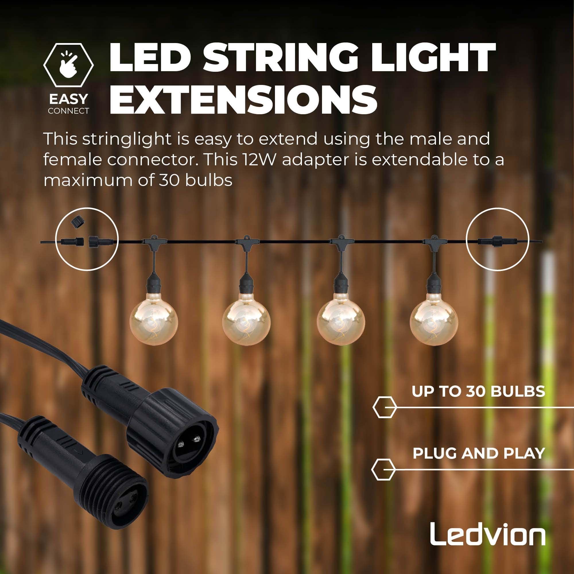 Ledvion - Guirlande LED 10M + 3M Câble d'Extension, Incl. 10 Ampoules LED E27, IP44, Connectable, Économique