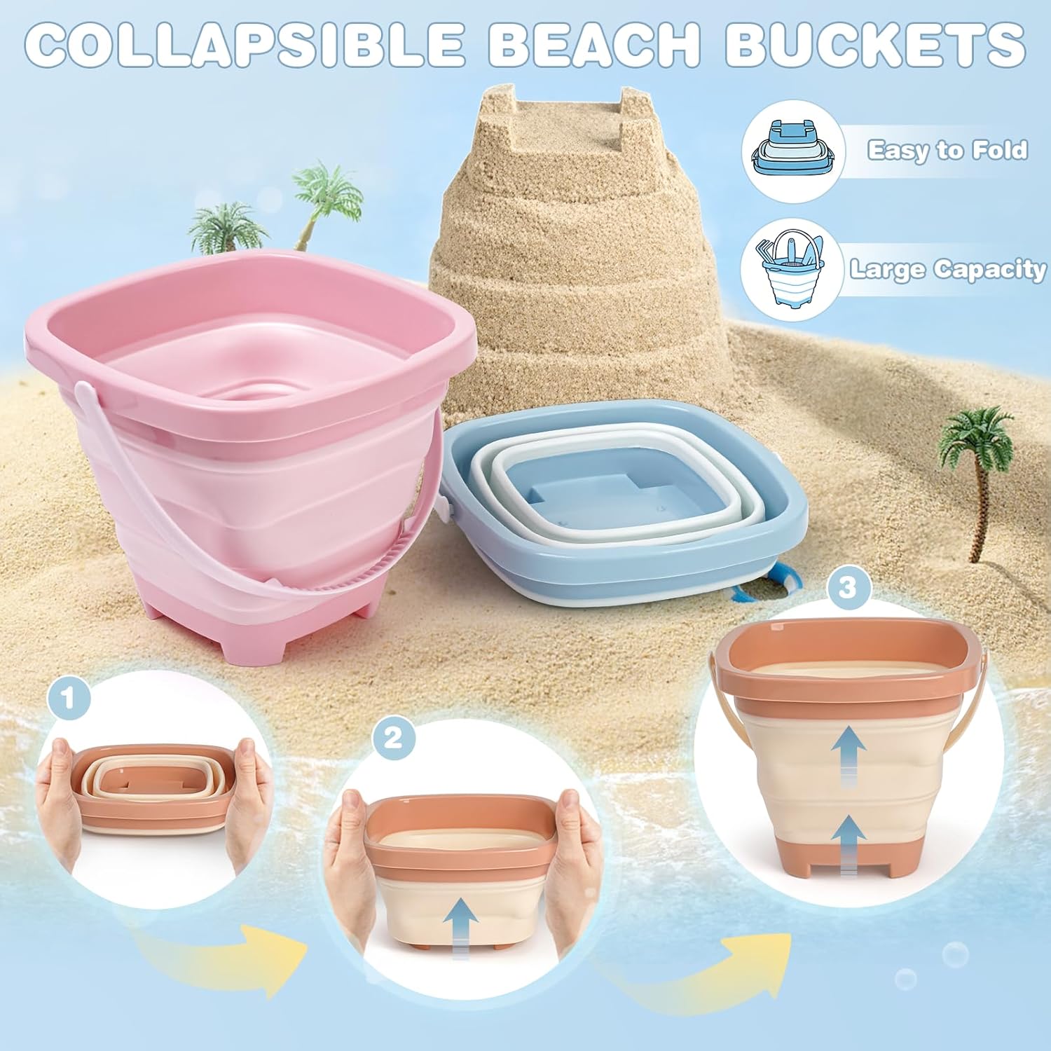 Beach Sand Toys Mesh Shovel Set for Kids, 3 Pack Collapsible Sand Buckets and Filter Sand Scooper with Mesh Bag for Shell Collecting, Shark Tooth Sifter Dipper Sandbox Toys for Toddlers Boys Girls - Image 5