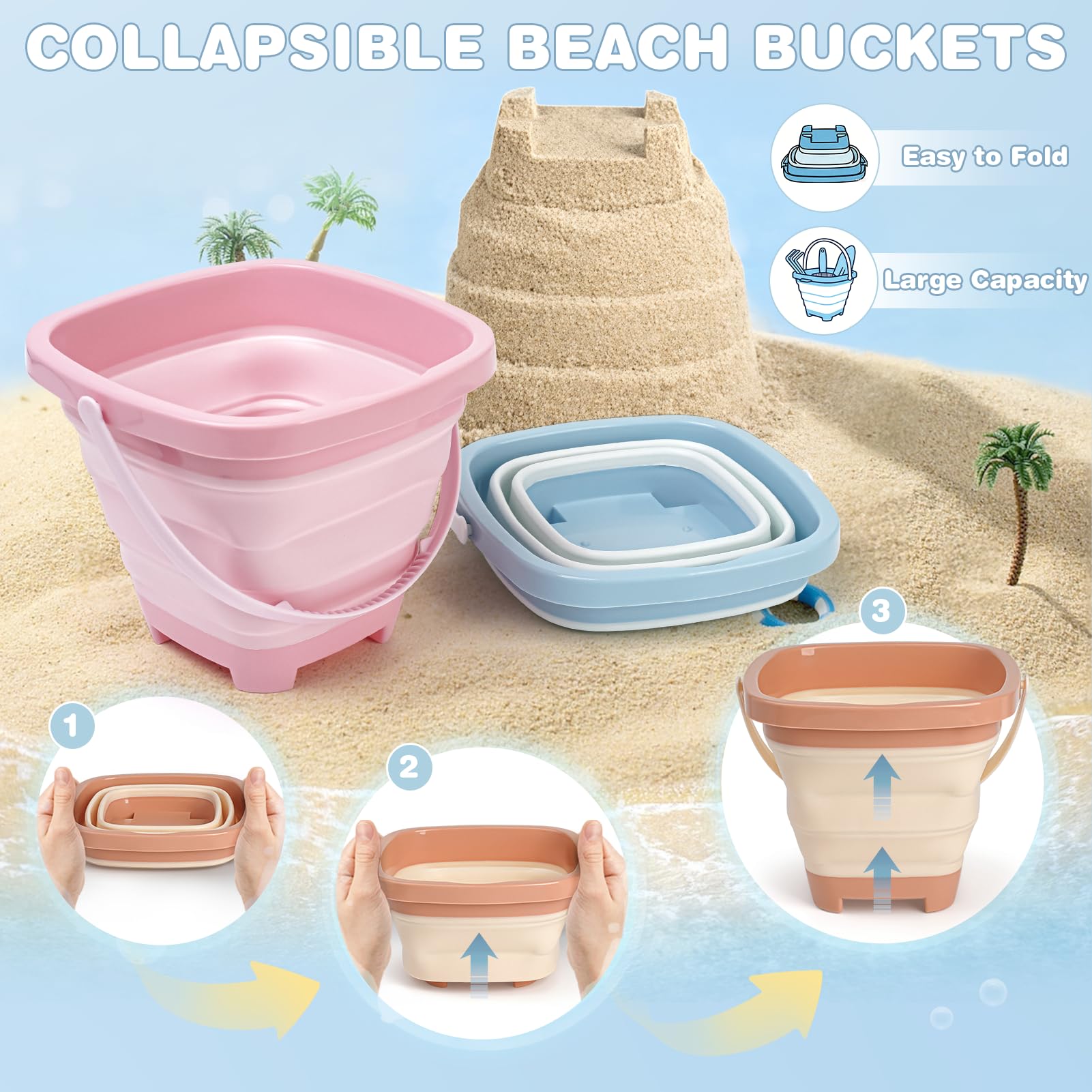 Dreamon Giochi Spiaggia Bambini Set 3 4 5 Anni con Secchiello Spiaggia Bambini Pieghevole Sacco a Rete Setaccio per La Sabbia Pala e Rastrello Giocattoli Regalo Esterno per Bambini e Bambine