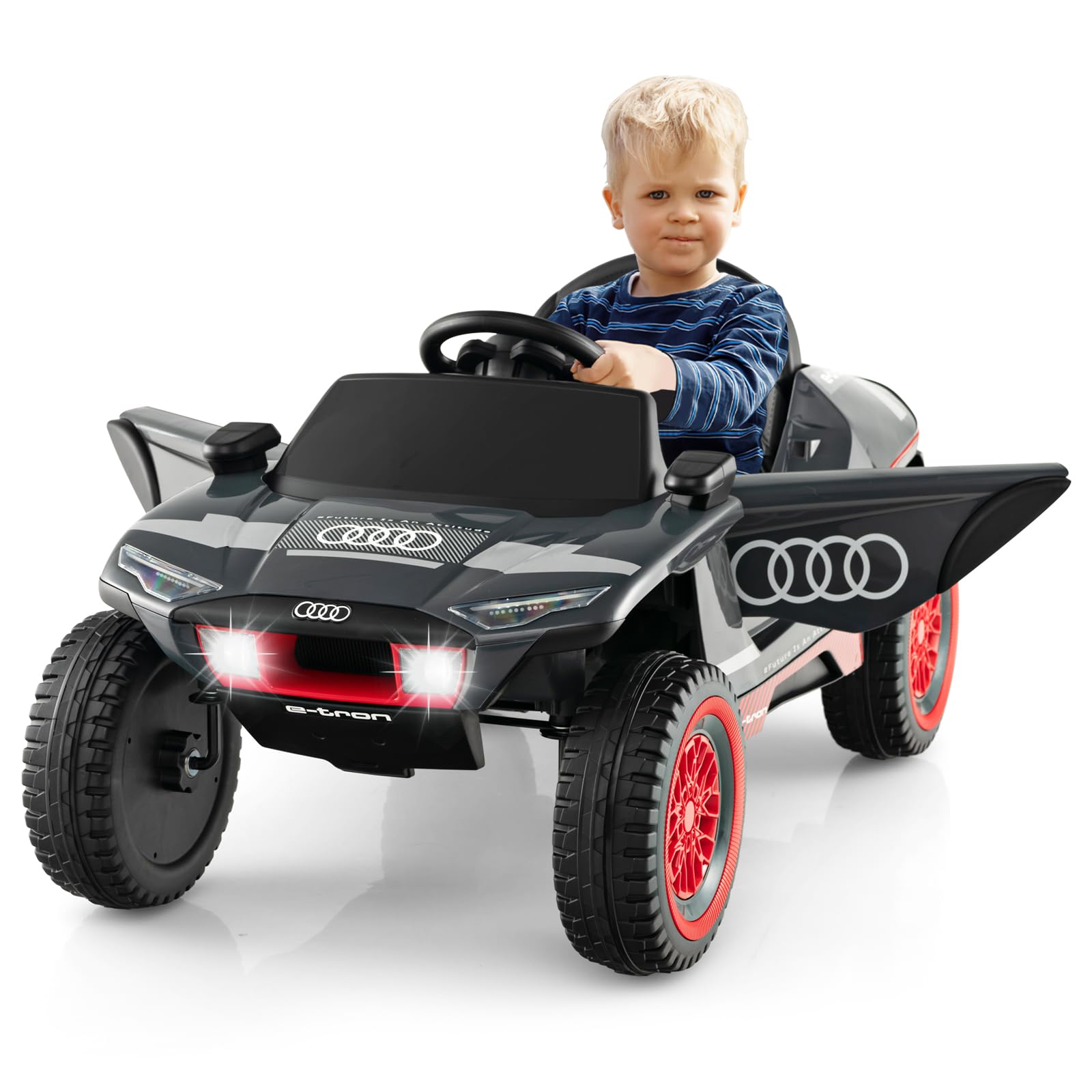 COSTWAY Audi Elektroauto für Kinder, 12V elektrisches Kinderauto mit Fernbedienung & LED-Lichtern & 4 Federungen, Kinderfahrzeug Elektrofahrzeug für Kinder ab 3 Jahren