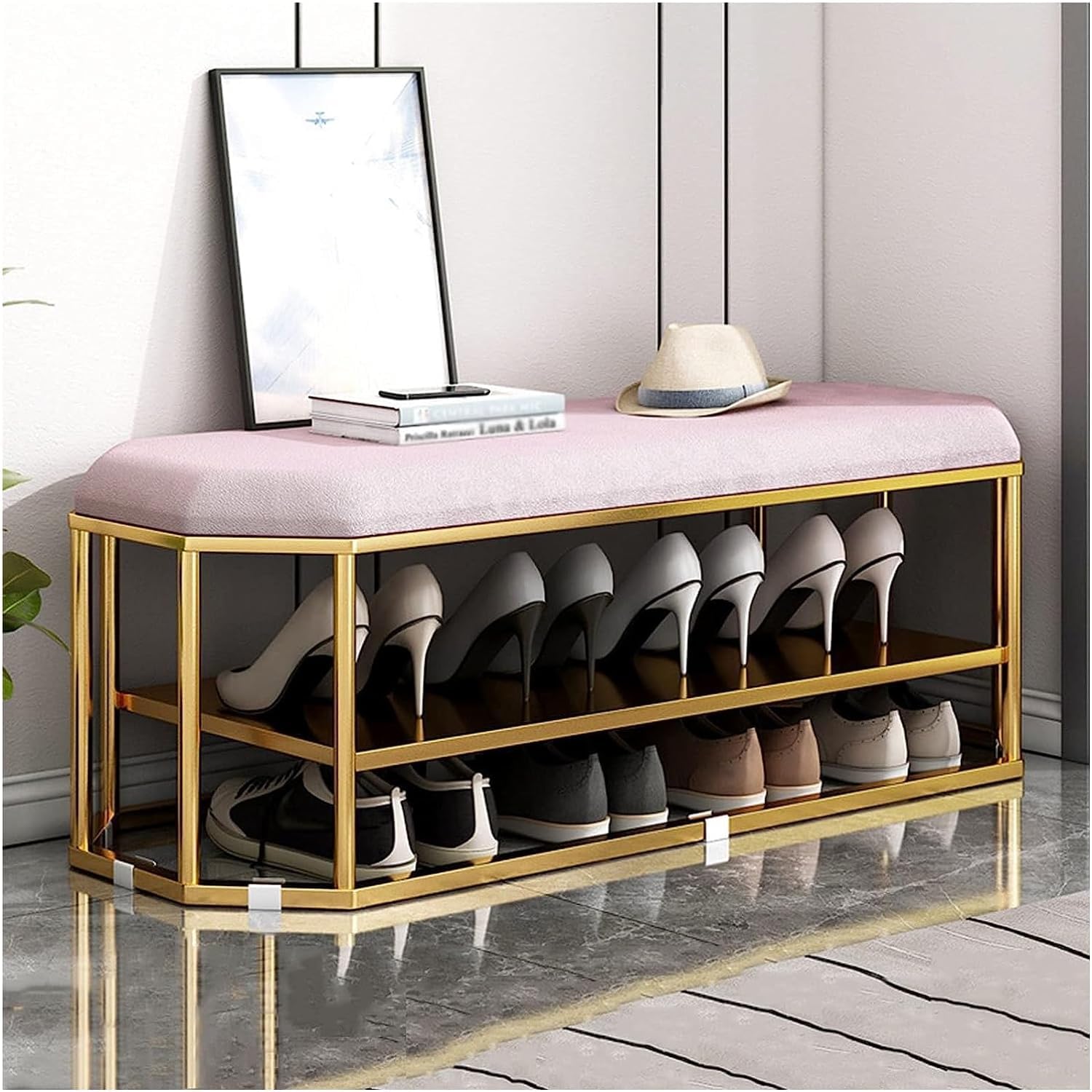 Tabouret d'assise pour chaussures d'entrée et banc rose salon