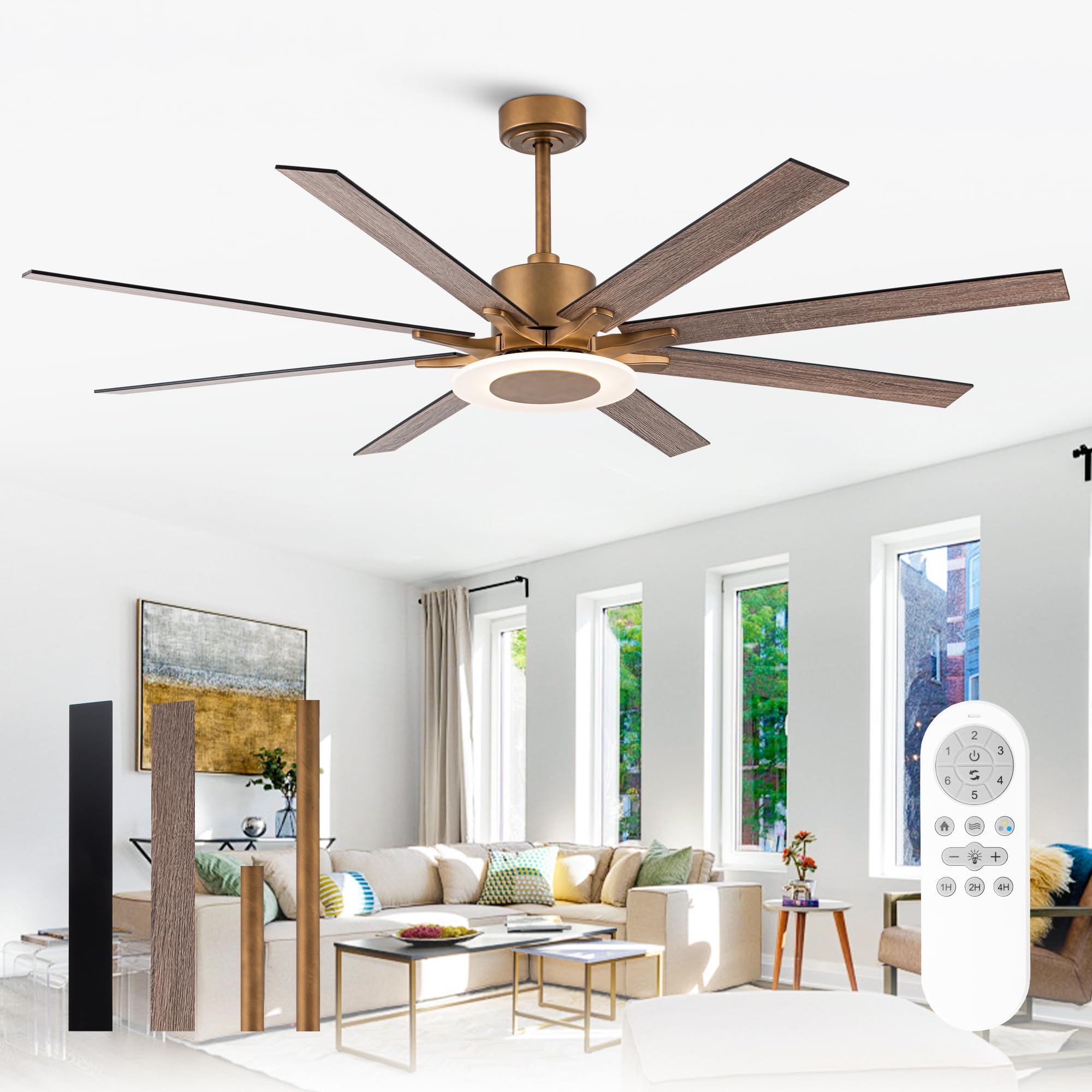 Ceiling Fans with Lights and Remote, 65 Inch Brass Ceiling Fan for Living Room Bedroom, Large Black Outdoor Ceiling Fans for Patios, Dimmable LED, 6