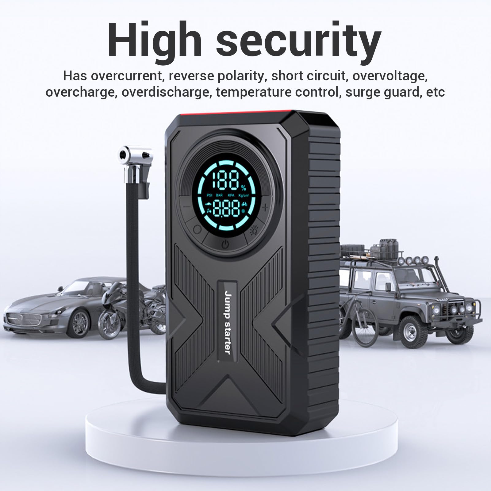 Jectse Arrancador de Coche, 2000 A con Batería de 18000 MAh, Compresor de Aire de 150 PSI, Batería Externa, Linterna LED, para Arranque de Emergencia de Vehículos de 12 V, Camiones,