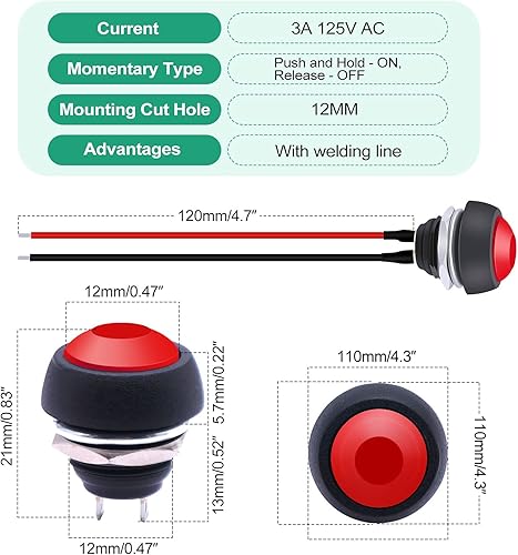 Miniatura 13 de Twidec /6 unids interruptor de botón momentáneo de 0.472 in agujero de montaje de 1/2 "encendido apagado mini redondo impermeable negro con cables