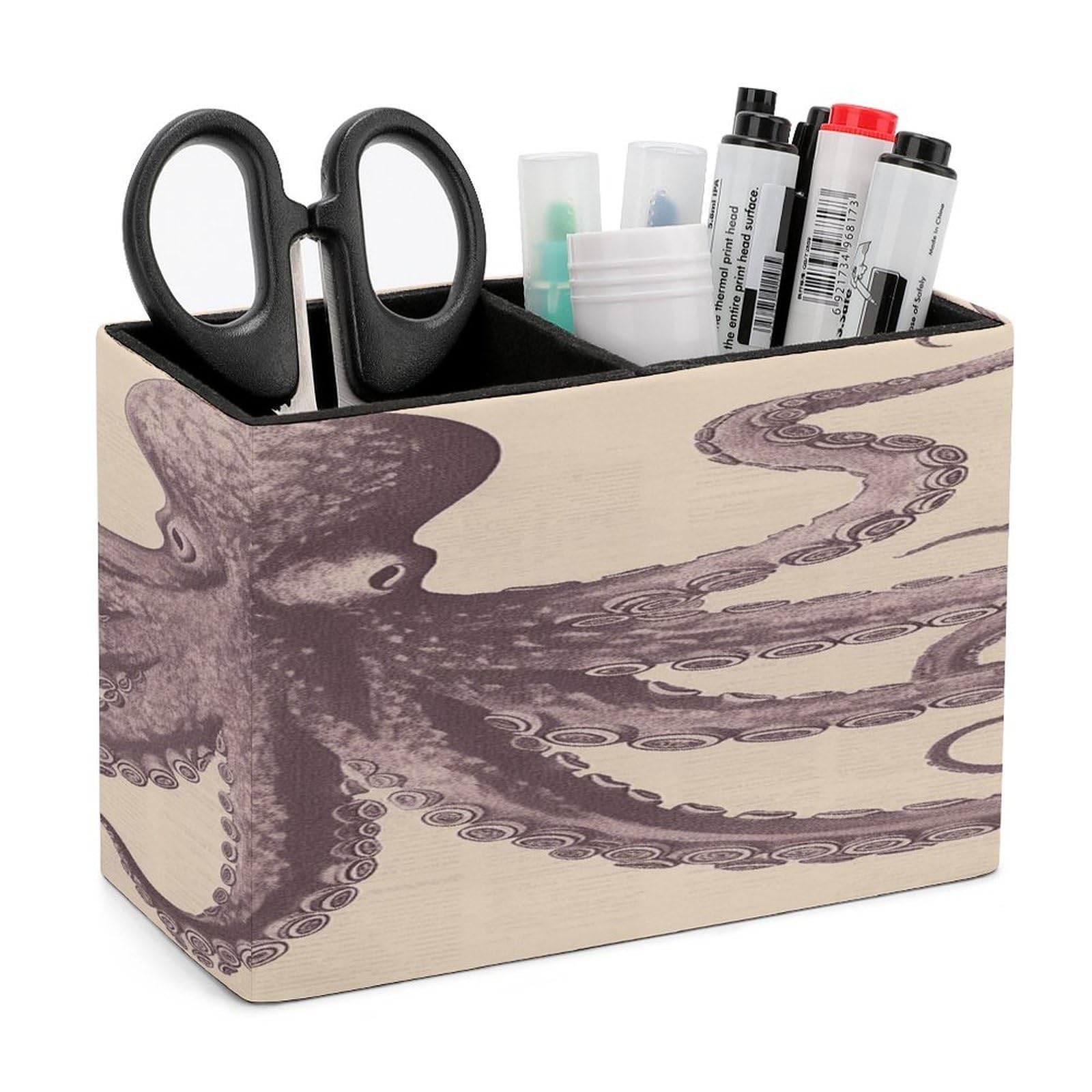 LDGSUPH Vintage Octopus Leather Pen Holder for Desk Organizer Caddy Large Pencil Cup Multi-function Pencil Holder Makeup Brush Holders Pen Organizer for Home Office Storage Box