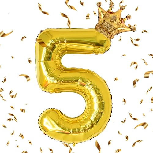 Globo dorado de 40 pulgadas con número 5 y corona pequeña para decoraciones de fiesta de cumpleaños, decoraciones de fiesta de cumpleaños 5,