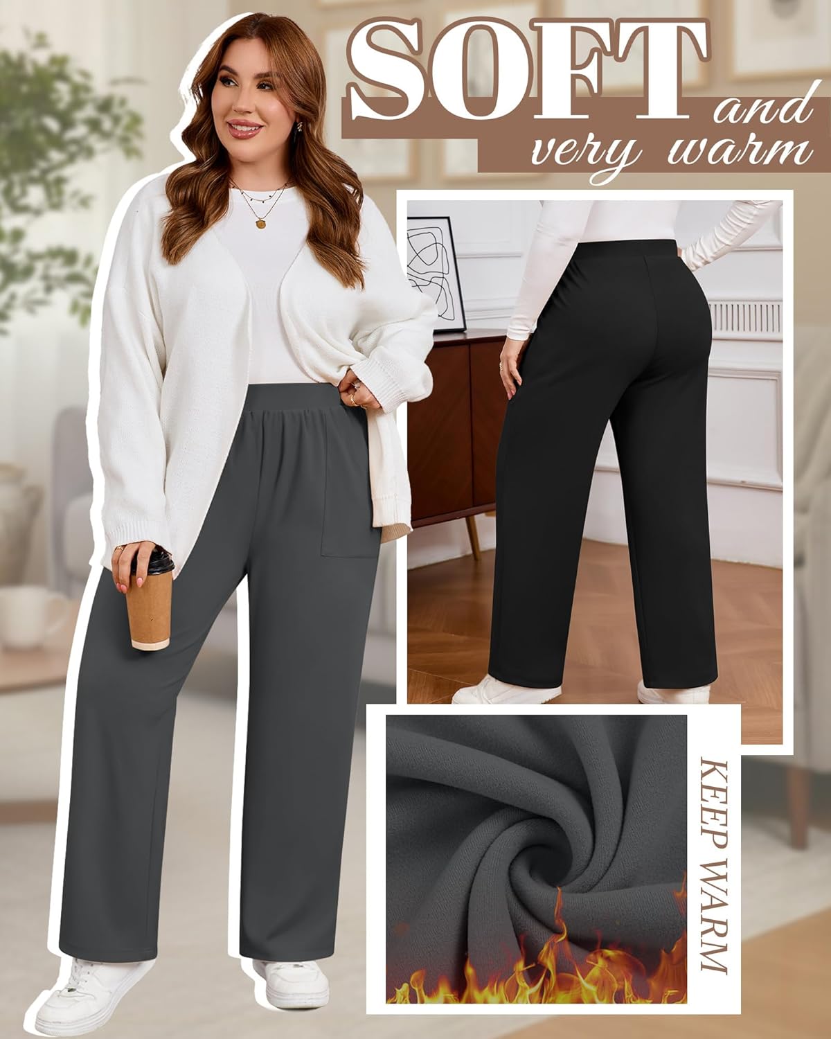 3 Pack Women's Plus Size Fleece Lined Sweatpants, Wide Leg Thermal Winter Pants, Warm Yoga Lounge Joggers - Image 4